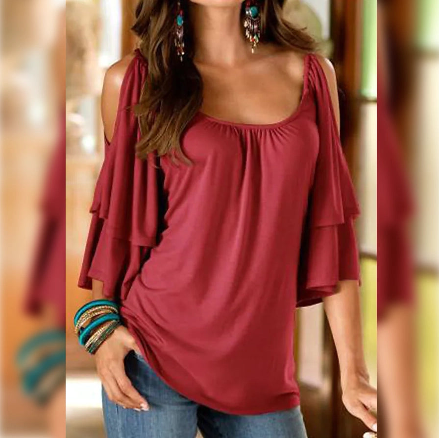 Women's T-Shirt Plain Ruffle Cold Shoulder Short Sleeve Clearance Store Sale Online