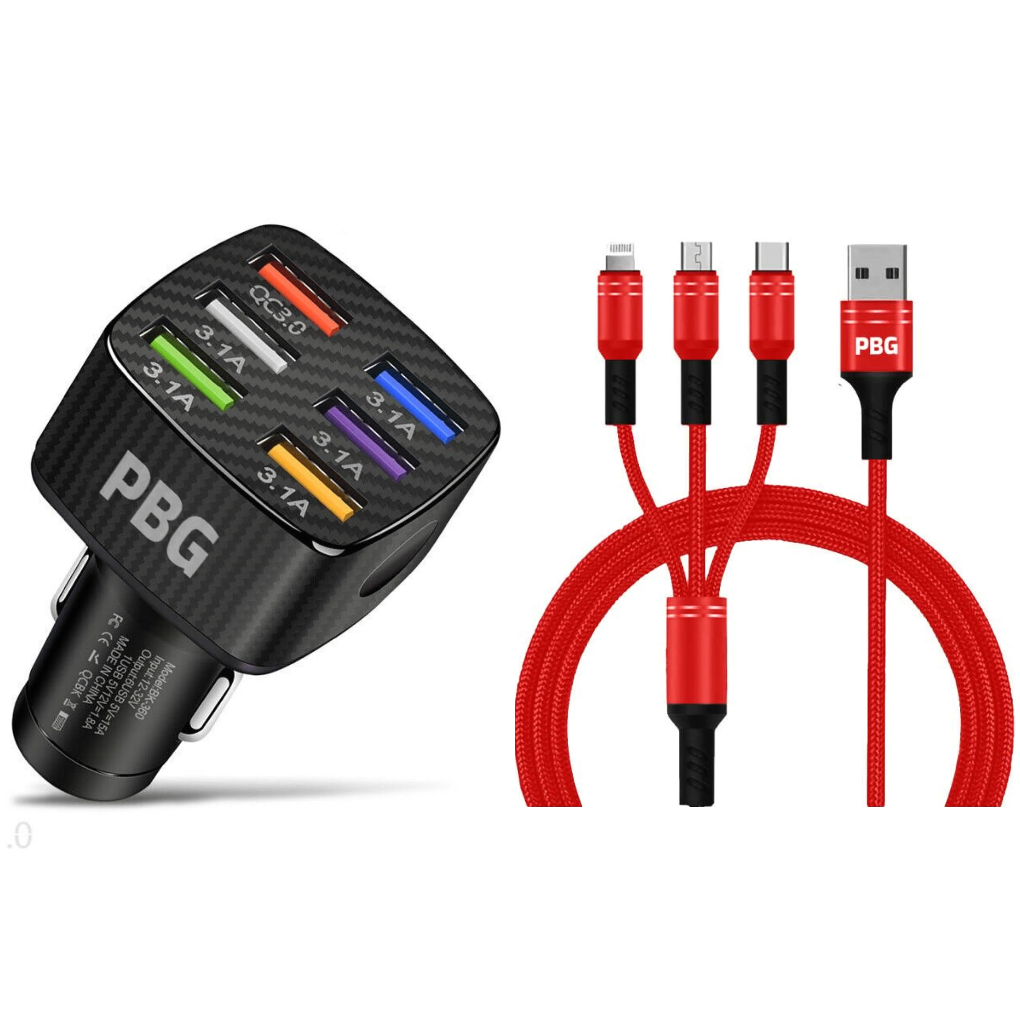 PBG Black LED 6 Port Car Charger and 4FT- 3 In 1 Cable Combo Buy Cheap 2025