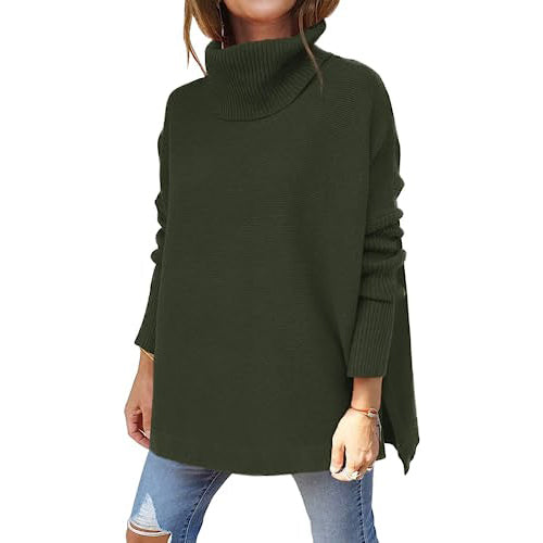 Women's Turtleneck Oversized Sweaters Long Batwing Sleeve Spilt Hem Tunic Free Shipping Low Cost