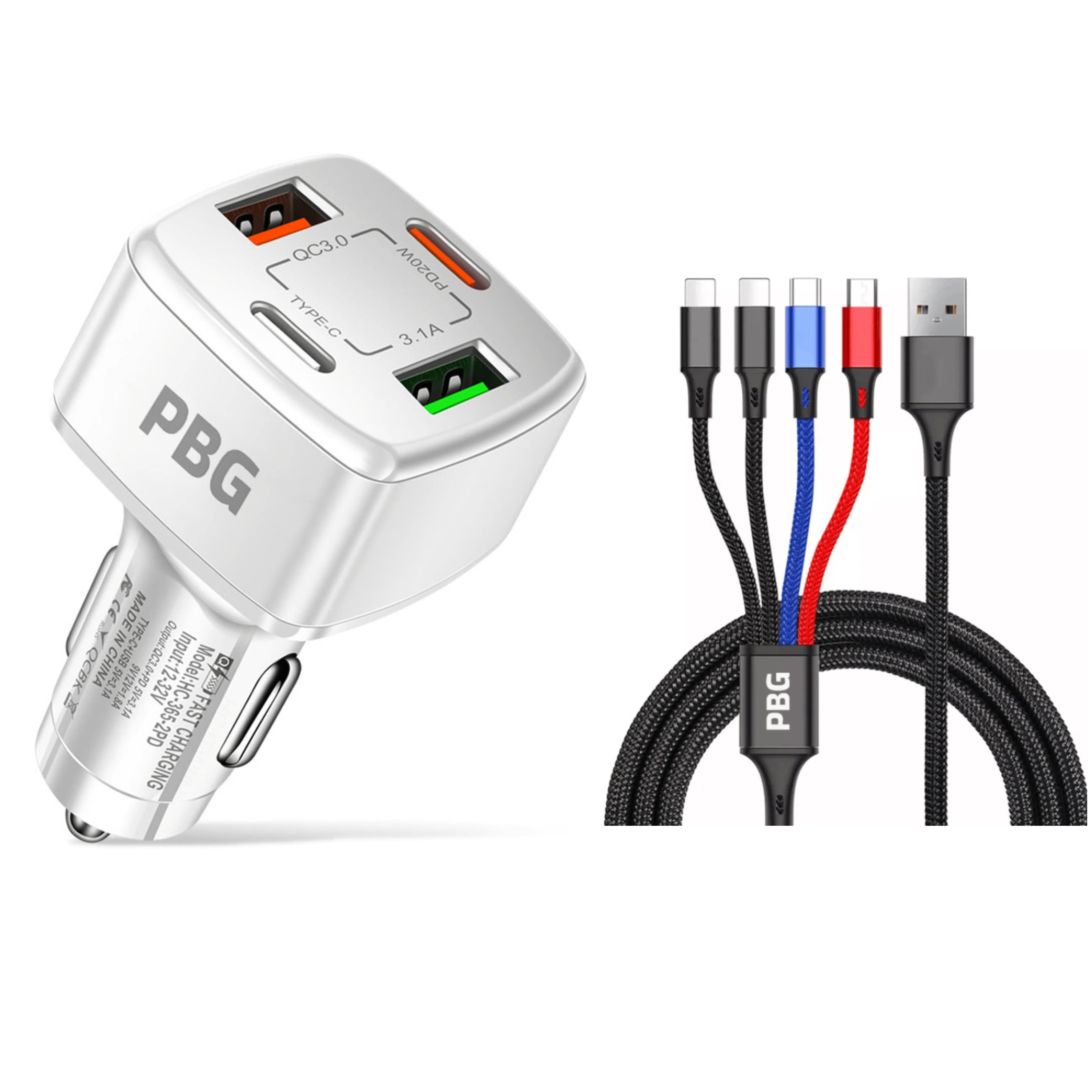 PBG 4 Port  PD/USB Car Charger and 4 in 1 Nylon Cable Bundle Browse Cheap Pice