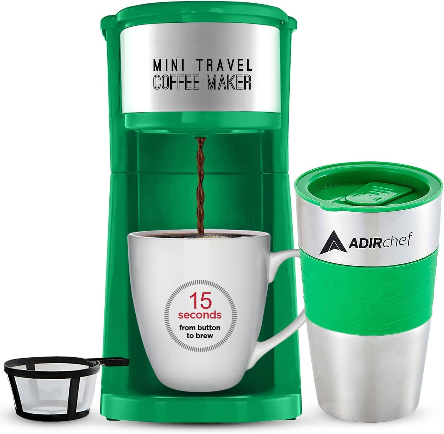 AdirChef Mini Travel Single Serve Coffee Maker & 15 oz. Travel Mug Coffee Tumbler & Reusable Filter Outlet Choice