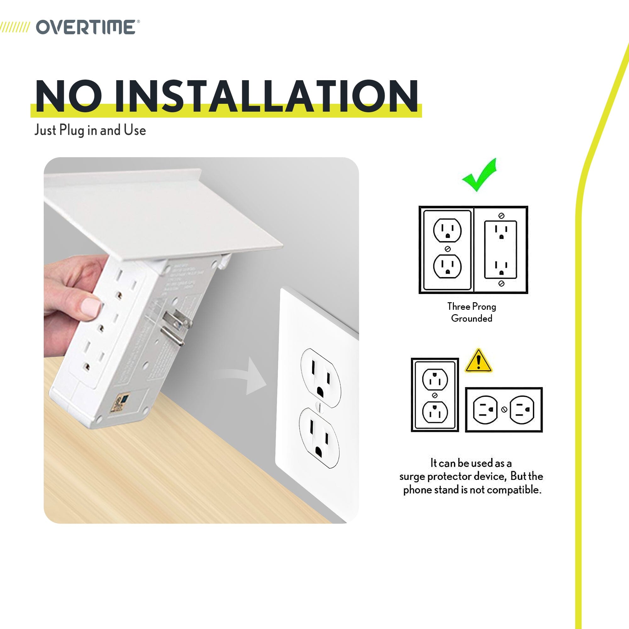 Overtime Outlet Extender with 8 AC and 3 USB Outlets Detachable Shelf Multi-Plug Outlet Extender with Surge Protector Clearance Perfect