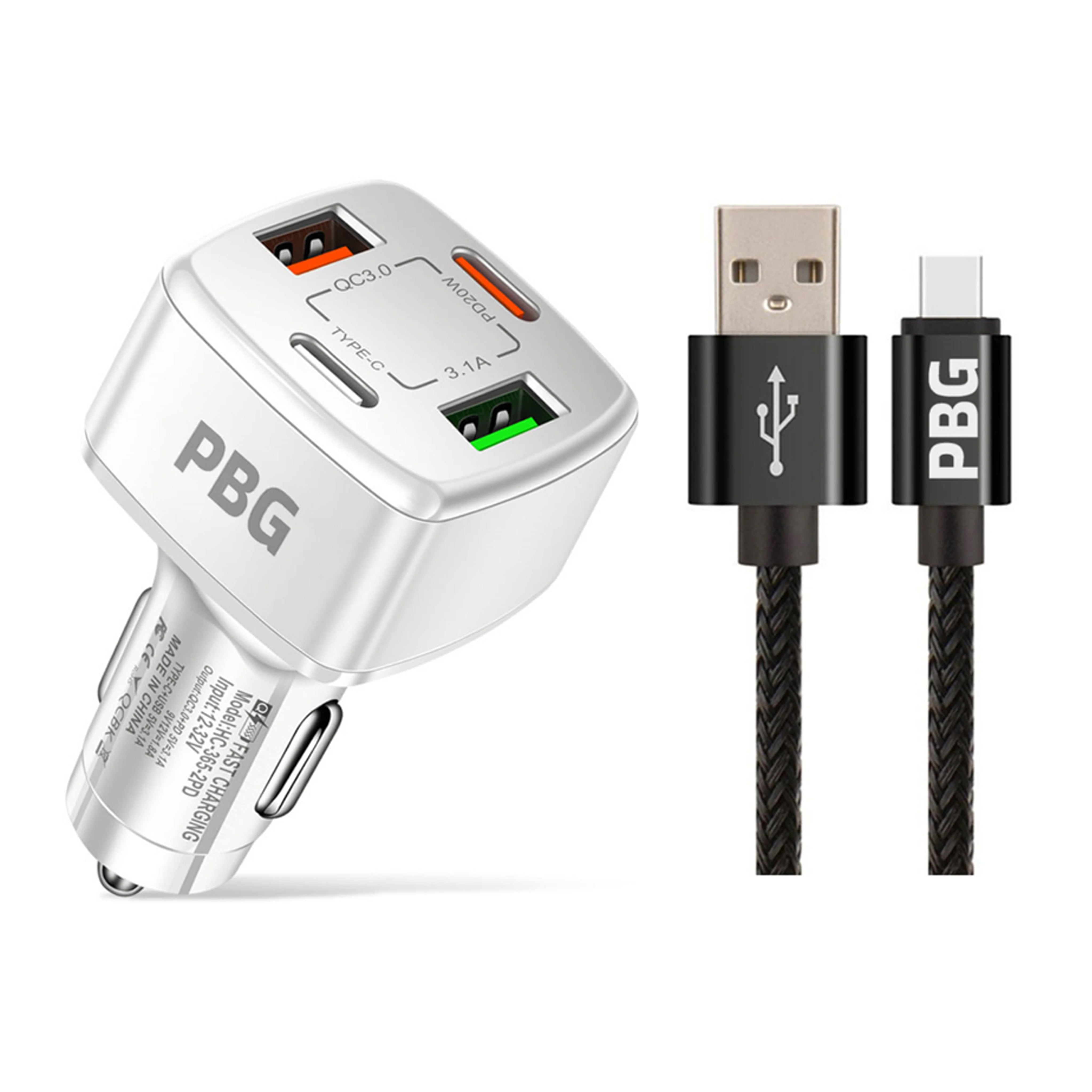 PBG 4 Port PD/USB Car Charger and 10Ft. Zebra Style Lightning Cable Bundle Sale View