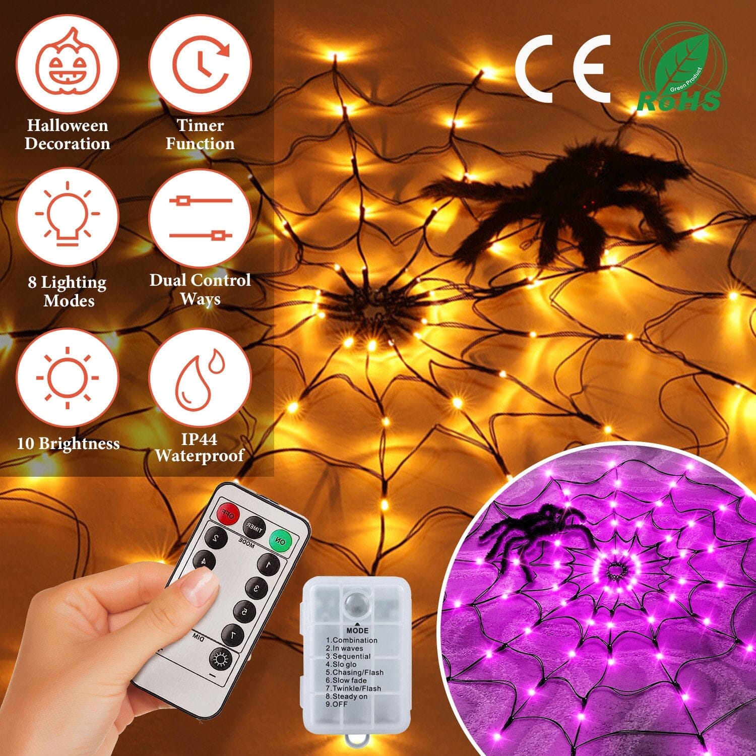 Spider Web Light with Hairy Spider 70LED Battery Powered Remote Control 8 Lighting Modes Free Shipping 2025