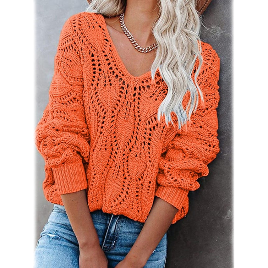 Women's Crochet Hollow Out Knitted V Neck Sweater On Hot Sale