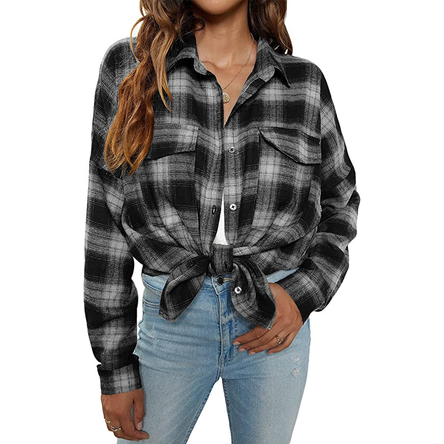 Women's Button Flannel Shirt Plaid Long Sleeve Top Classic Cheap Pice