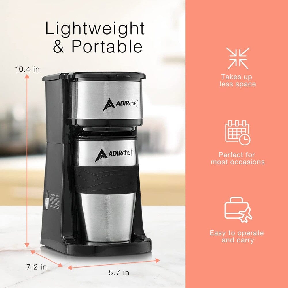 AdirChef Mini Travel Single Serve Coffee Maker & 15 oz. Travel Mug Coffee Tumbler & Reusable Filter Outlet Choice