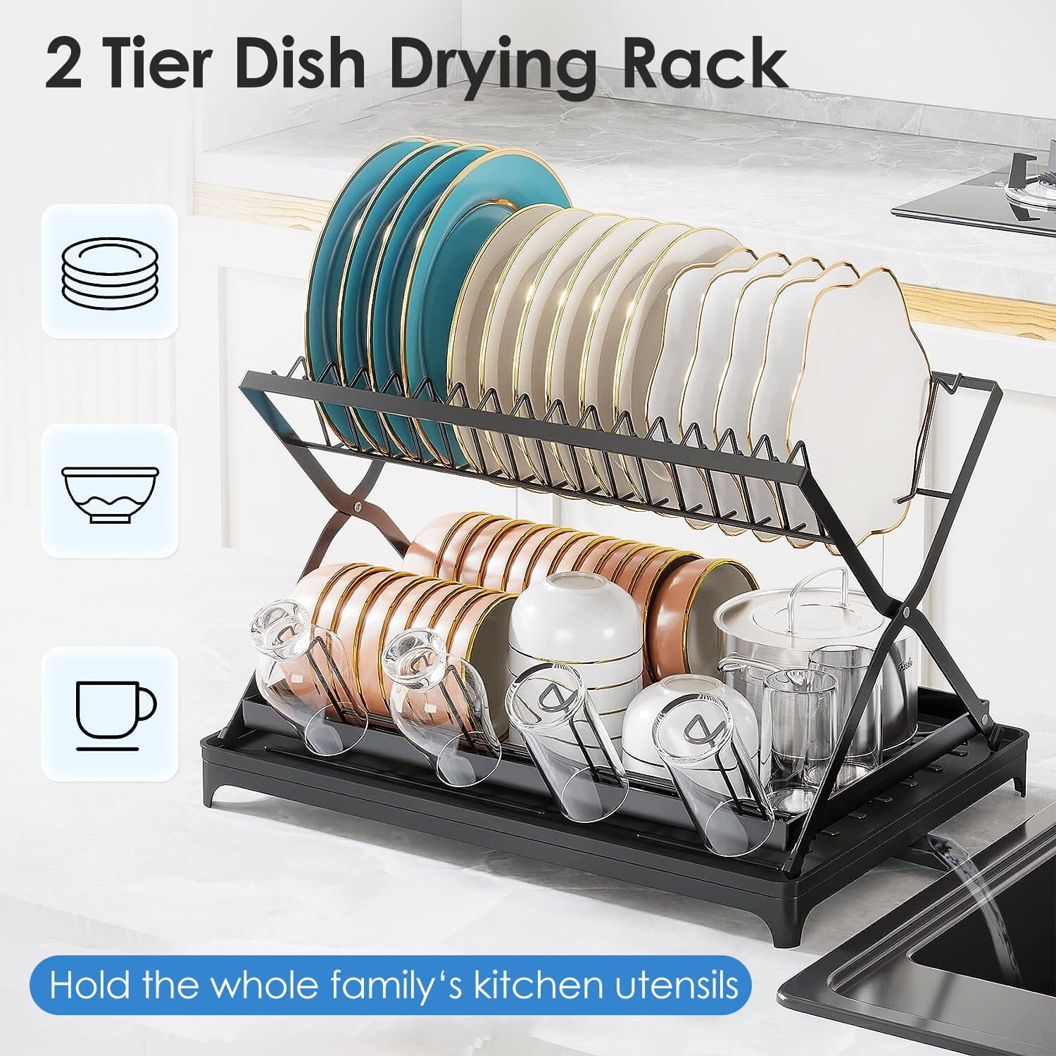 2-Tier Dish Drying Rack with Cup Holder and Drainboard Visit For Sale