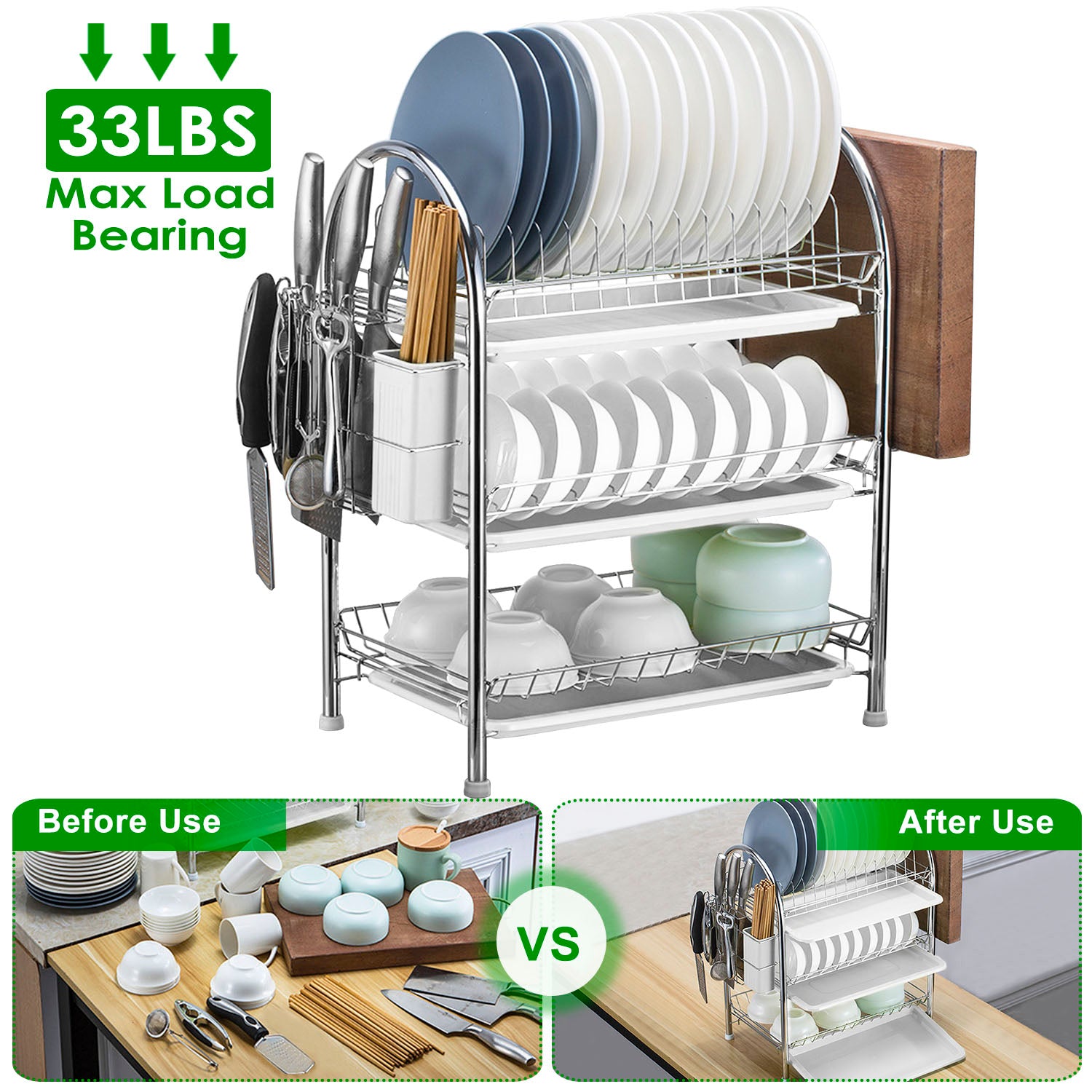 3-Tier Dish Drying Rack Shelf with 3 Drain Trays Chopping Board For Cheap Sale Online