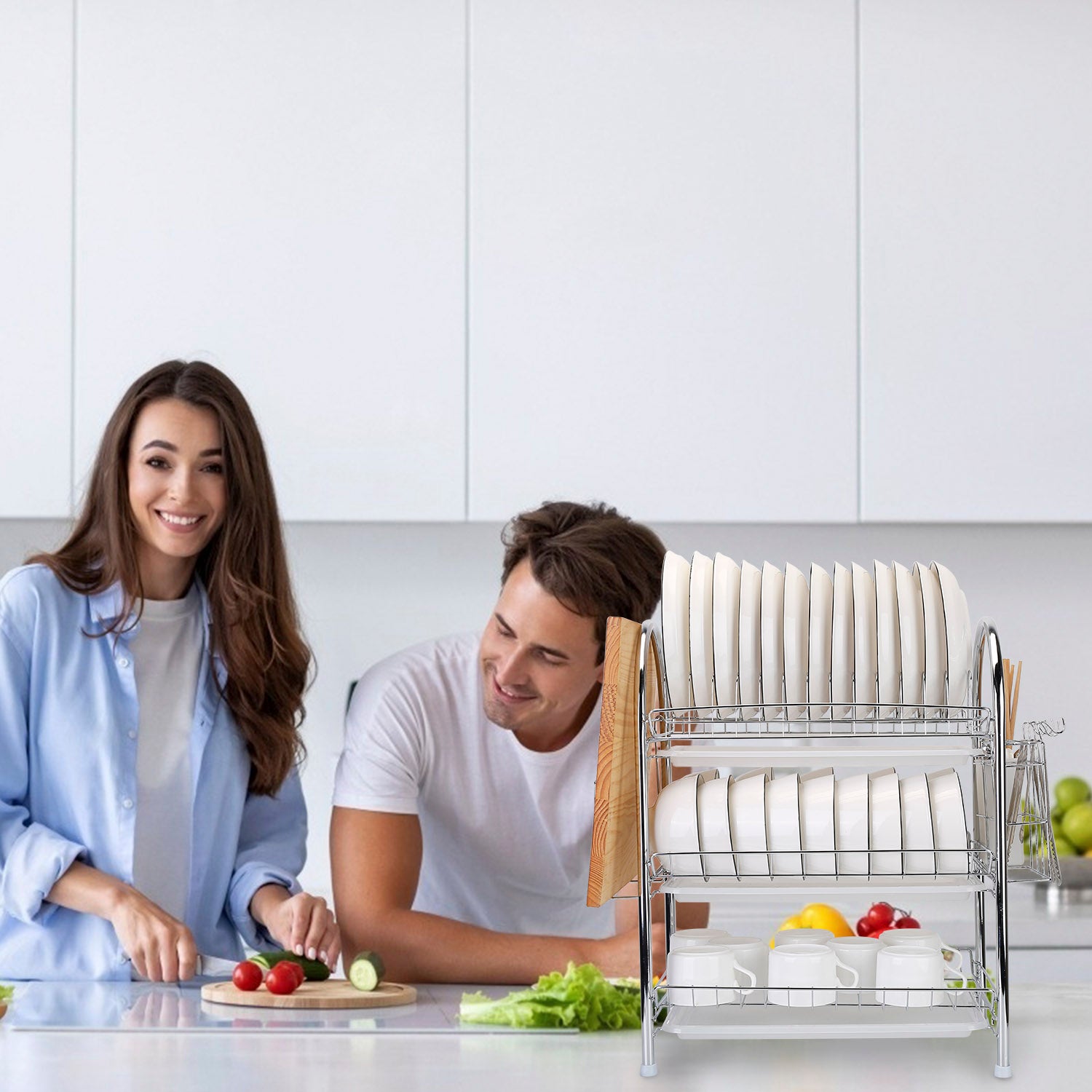 3-Tier Dish Drying Rack Shelf with 3 Drain Trays Chopping Board For Cheap Sale Online