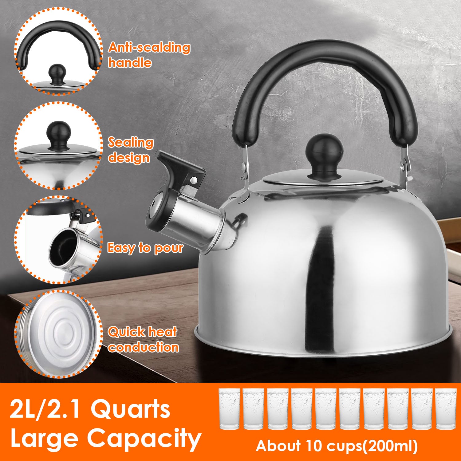 2.1 Quarts Stainless Steel Whistling Tea Kettle Stovetop Induction Gas Teapot 2025 New Cheap Pice