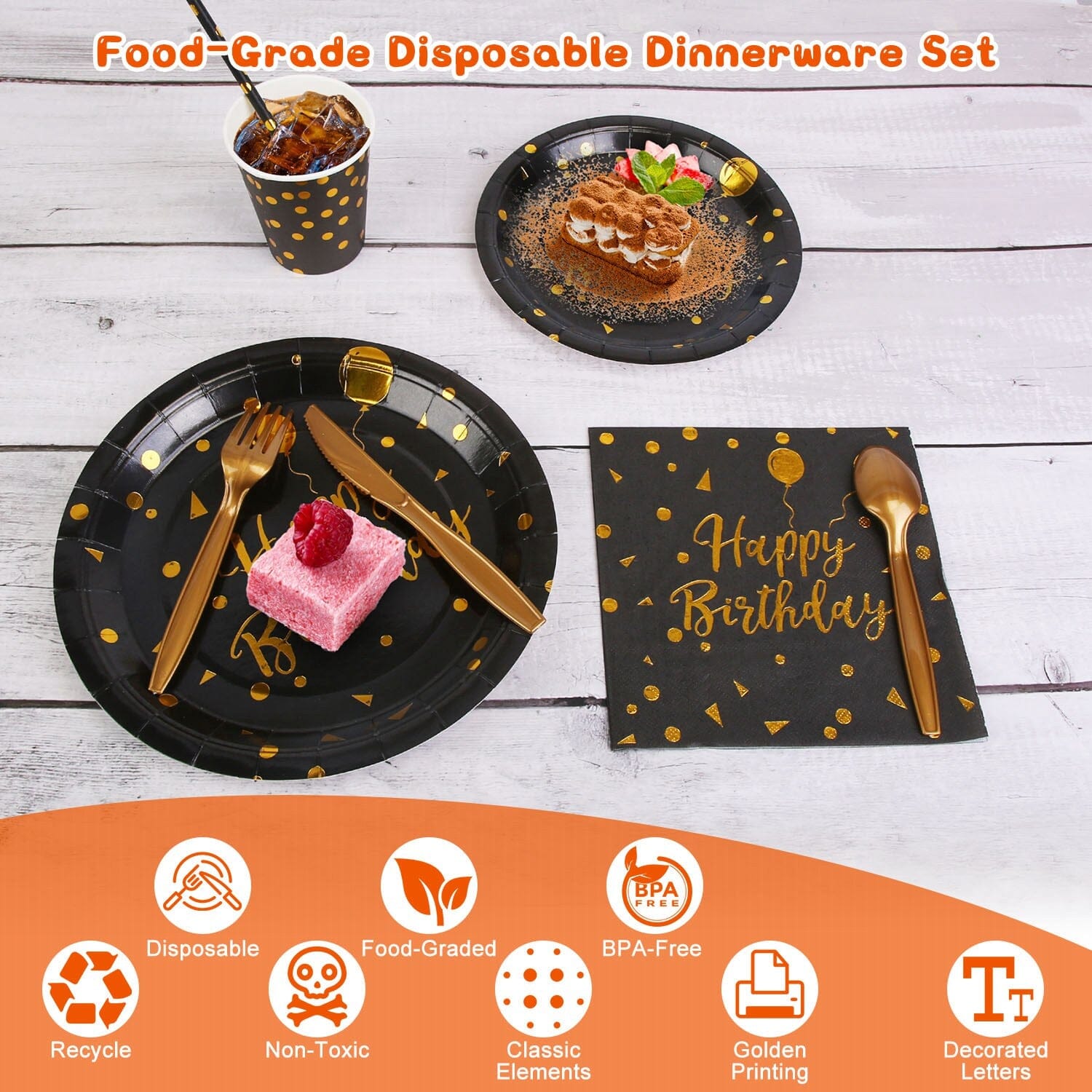 201 Pieces: Black Gold Disposable Dinnerware Set Cheapest Pice For Sale