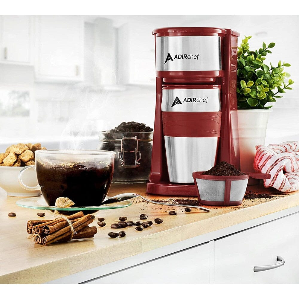 AdirChef Mini Travel Single Serve Coffee Maker & 15 oz. Travel Mug Coffee Tumbler & Reusable Filter Outlet Choice