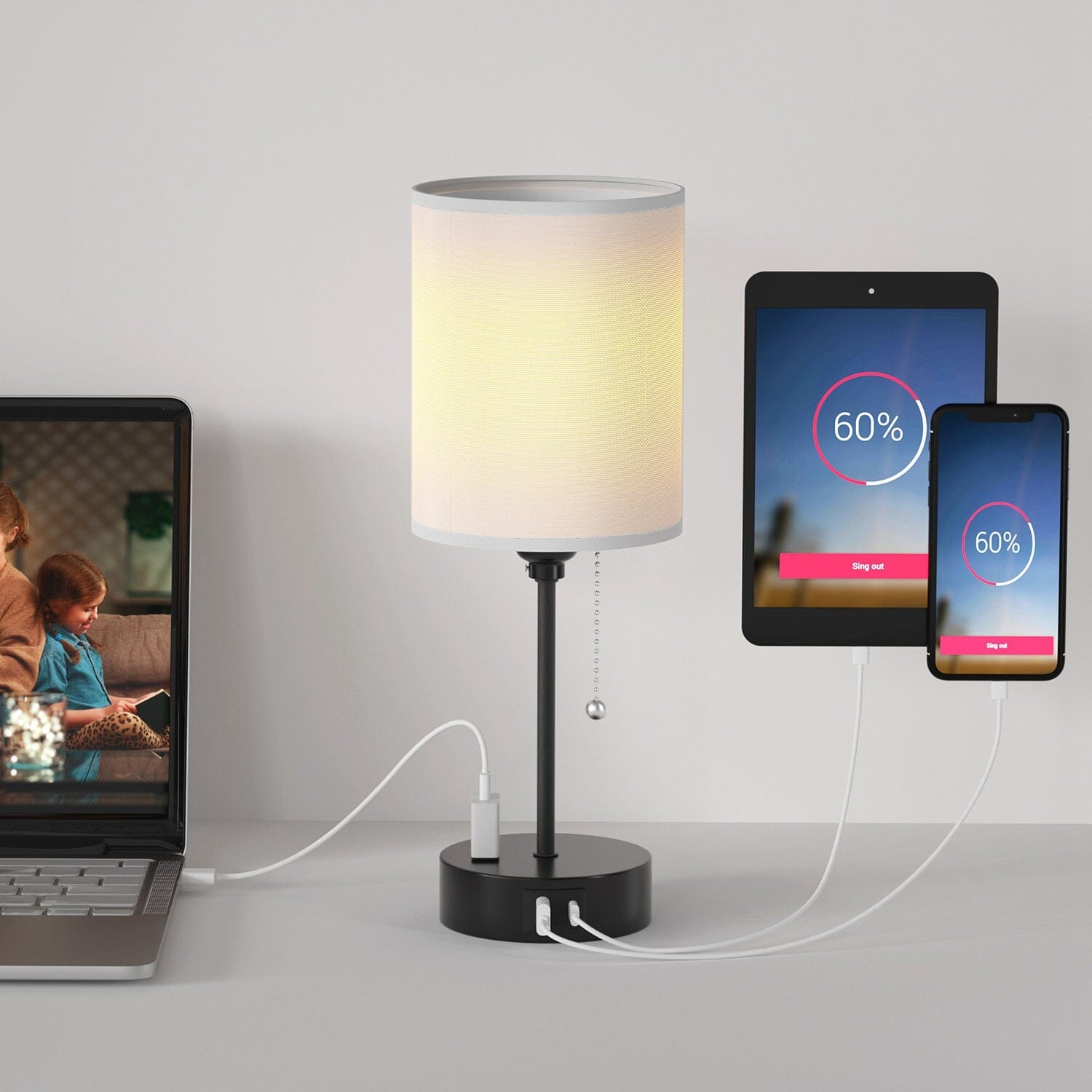 2-Pieces: Bedside Lamps 3 Color Modes USB C+A AC Output Ports Pull Chain Cheap Sale Manchester Great Sale