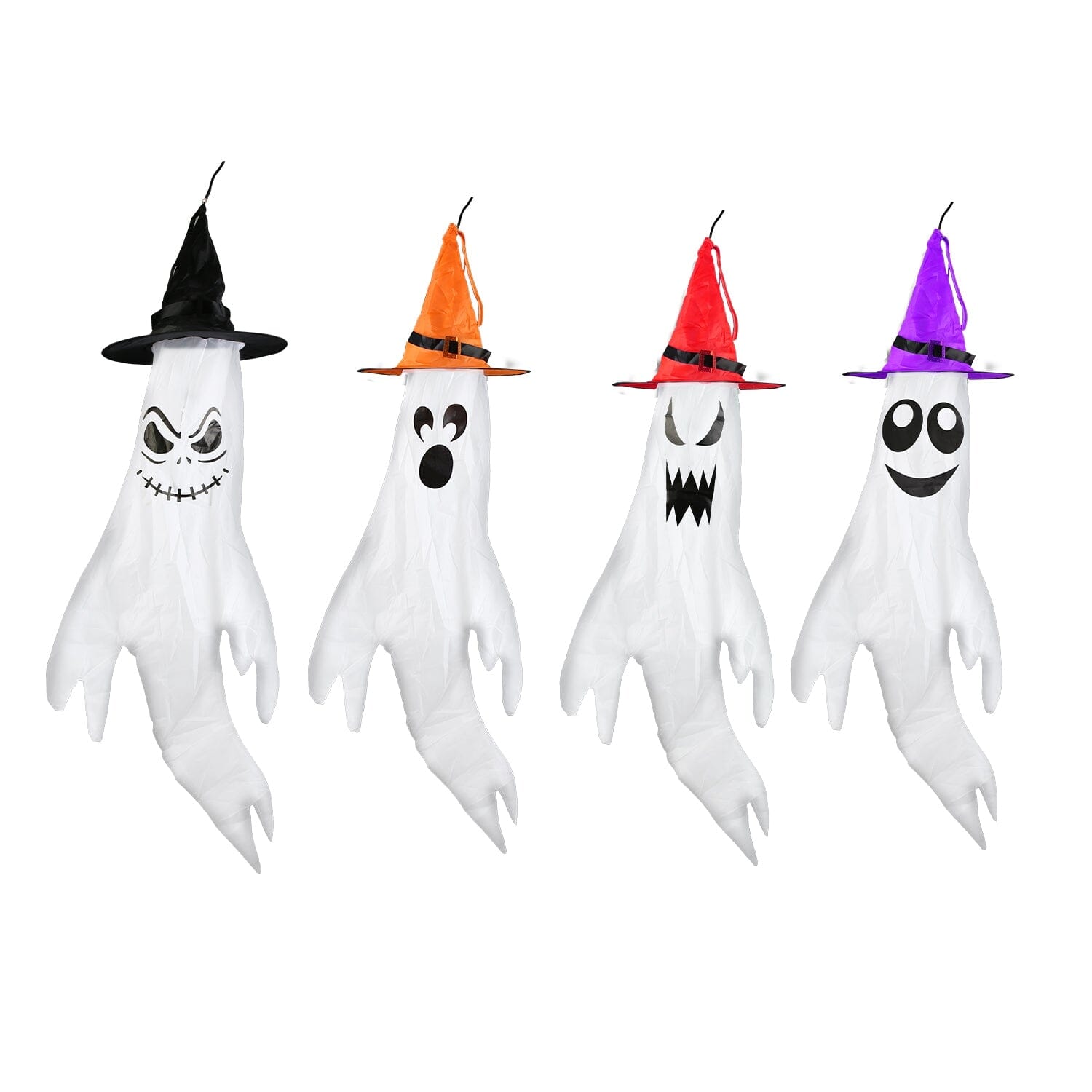 4-Pieces: Halloween Ghosts with Witch Hats Windsocks Hanging Decoration with Colorful LED Light For Sale 2025