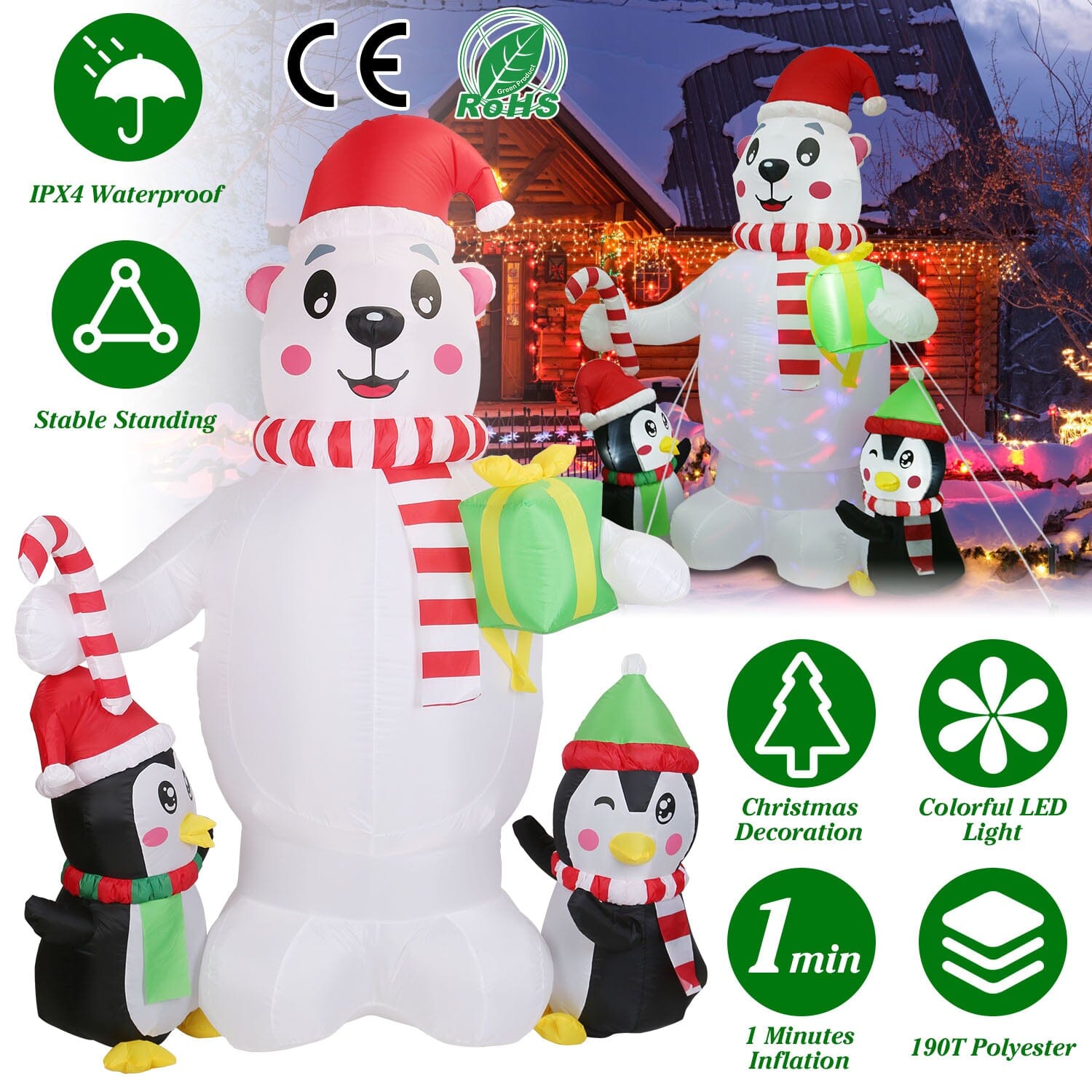 5.9Ft Christmas Inflatable Polar Bear and Penguin Blow Up Yard Outdoor Decoration with LED Visit New For Sale