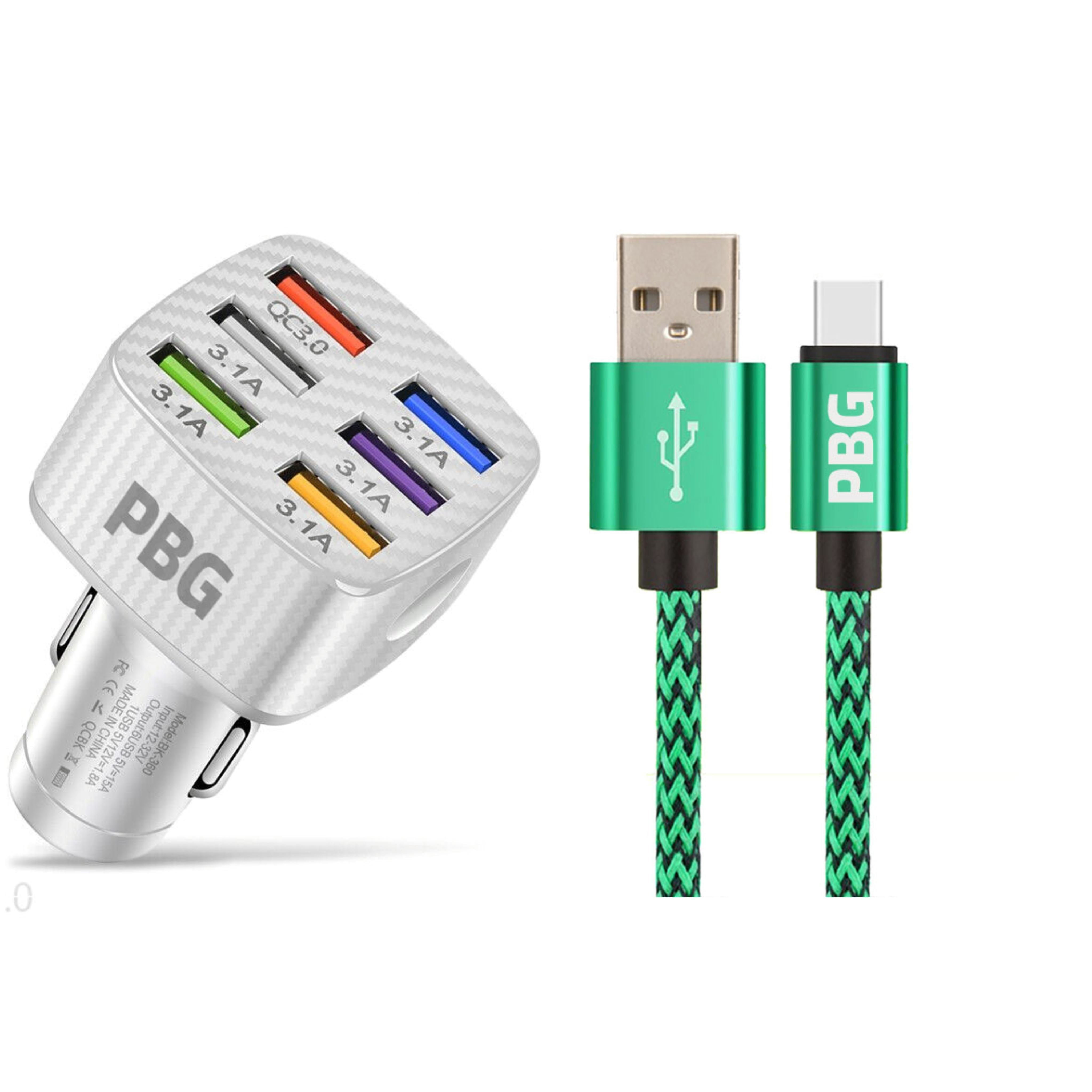 PBG LED 6-Port Car Charger and 10FT XL Zebra Lightning Cable Combo Low Pice Fee Shipping