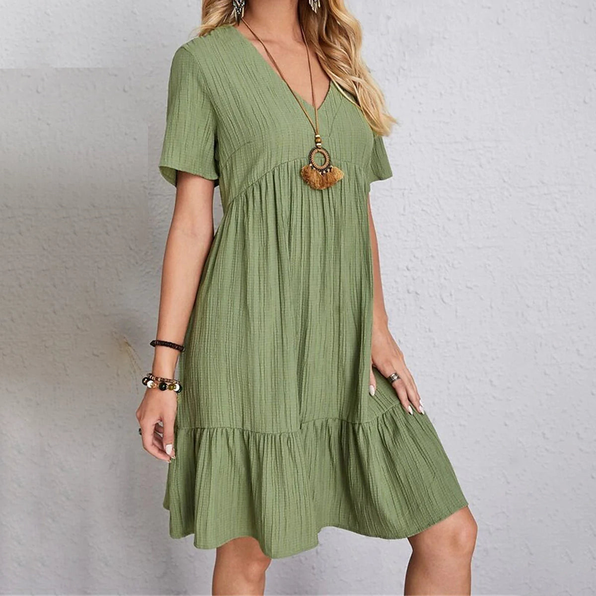 Women's Casual Dress Ruffle V Neck Midi Shift Dress Recommend Online