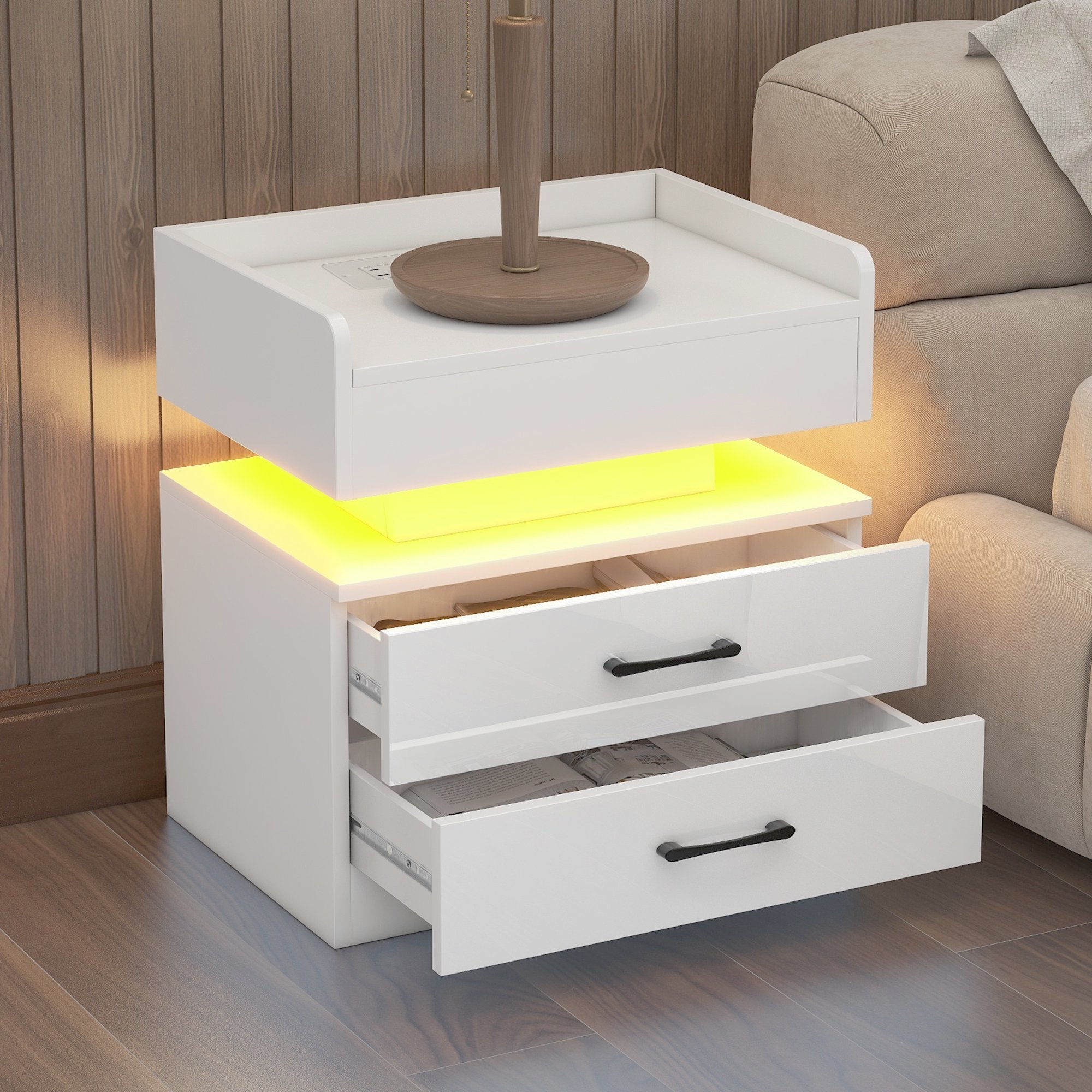 Modern Night Stand with LED Lights and Charging Station Outlet Pay With Paypal