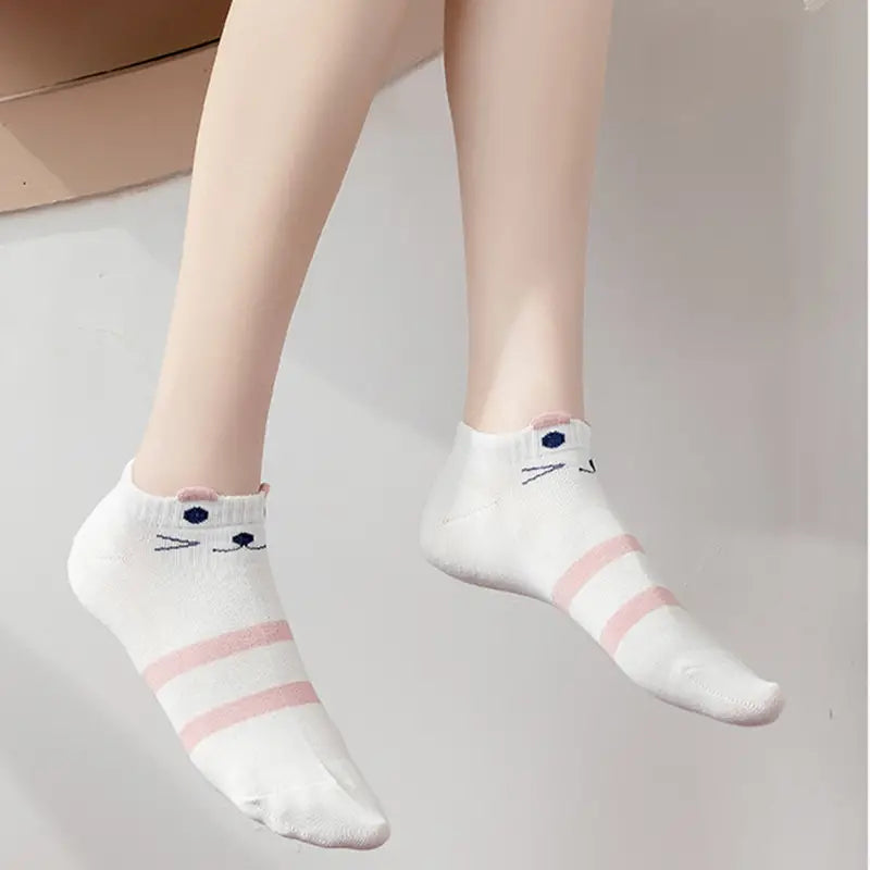 5-Pairs: Pink Kitty Crew Socks Free Shipping Browse