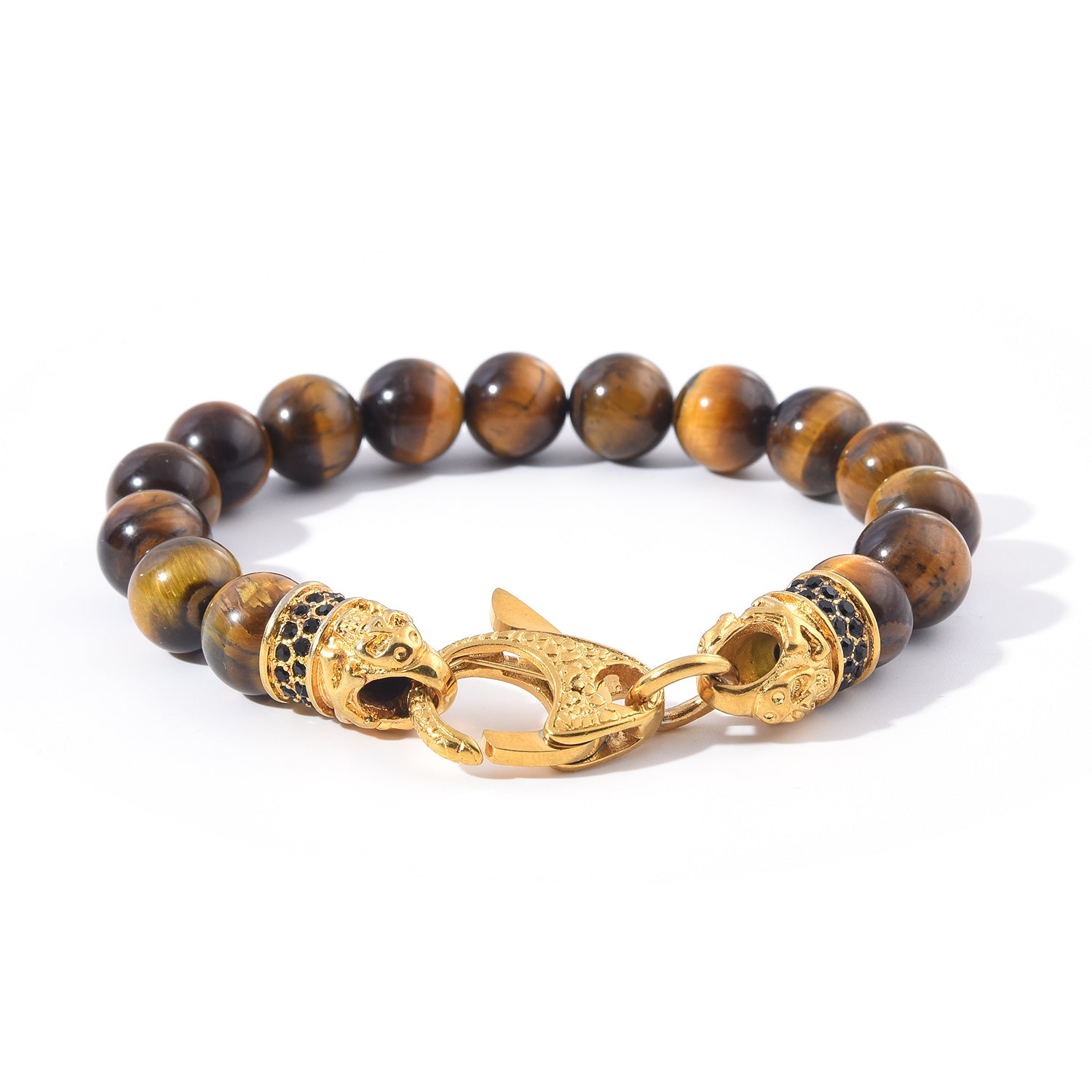 Genuine Tiger Eye Stainless Steel Beaded Bracelet with Black Cubic Zirconia Shop Offer For Sale