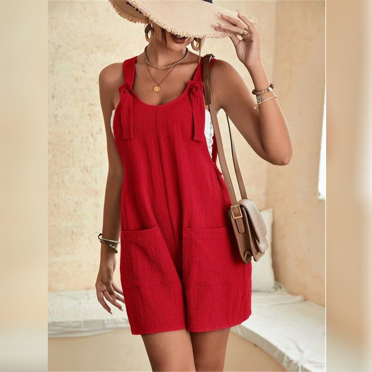 Women's U-Neck Strap Pocket Jumpsuit Solid Color Buy Cheap With Mastercard