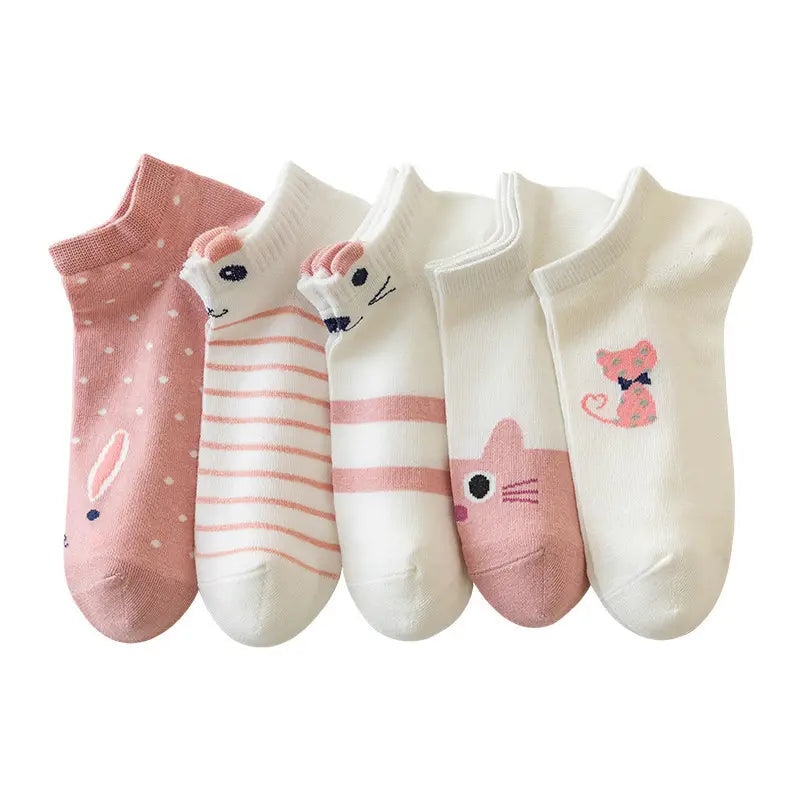 5-Pairs: Pink Kitty Crew Socks Free Shipping Browse