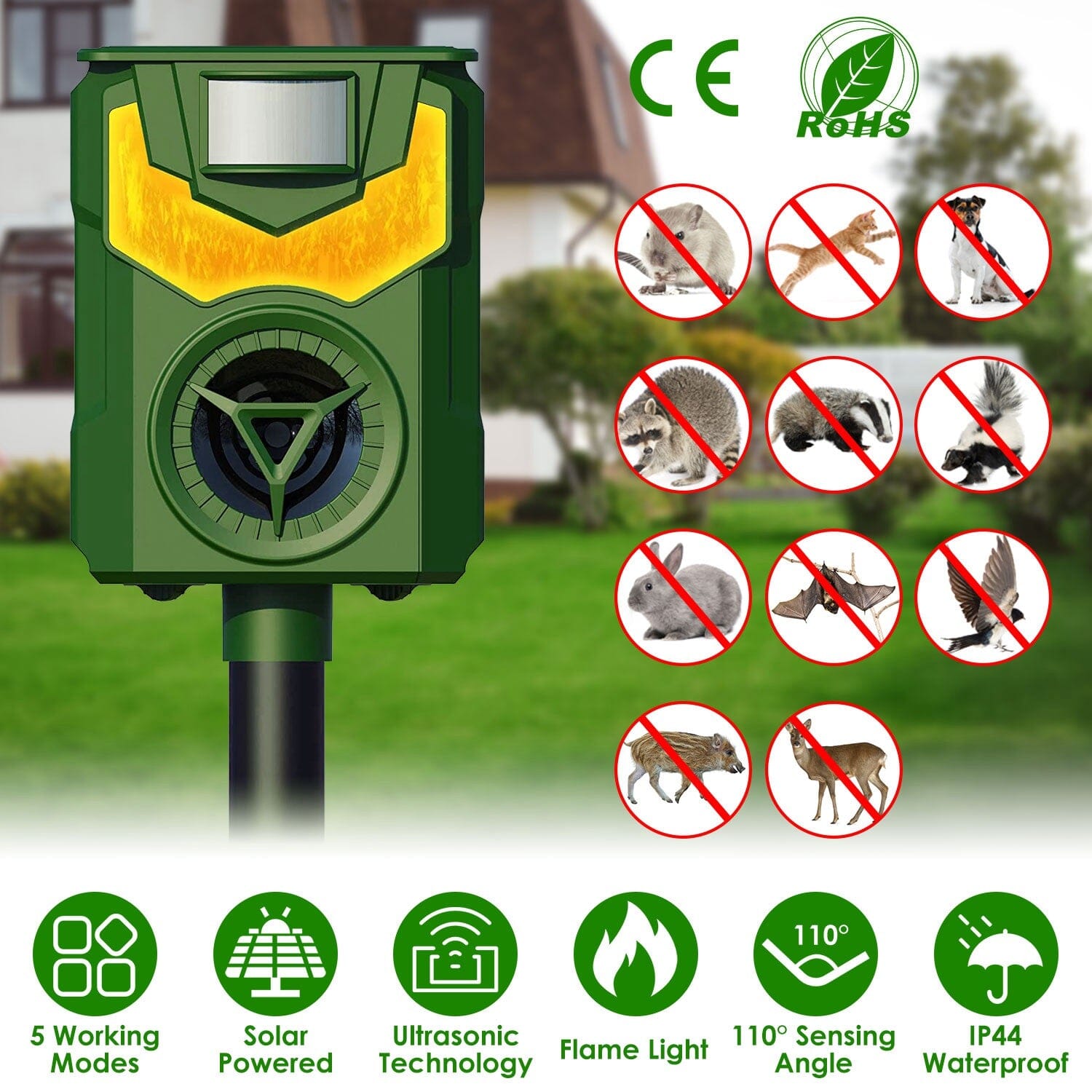 Solar Ultrasonic Animal Repeller with Flame Light USB Charge Motion Sensor Choice Cheap Pice