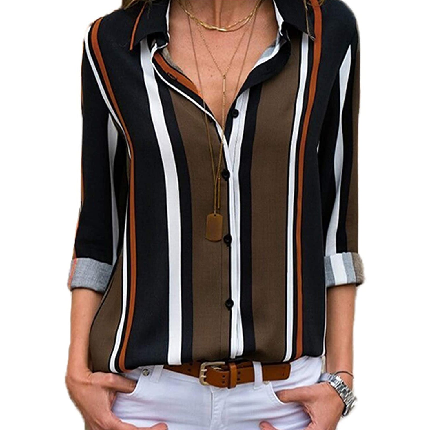 Womens V Neck Striped Roll up Sleeve Button Down Blouses Top Cheap With Credit Card