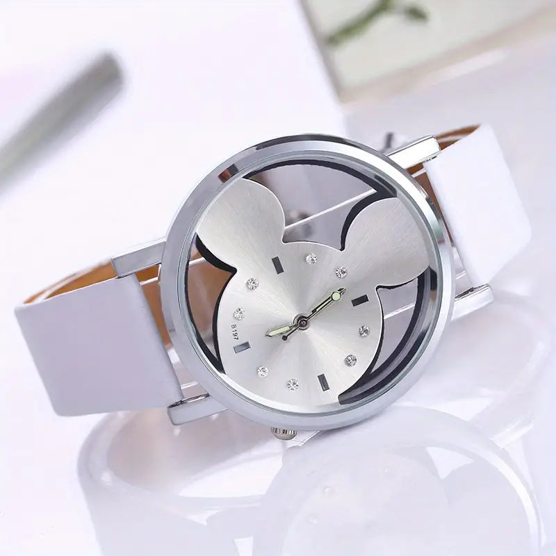 Girls Cute Elegant Hollow Out Mouse Quartz Watch With Faux Leather Band Fashionable For Sale