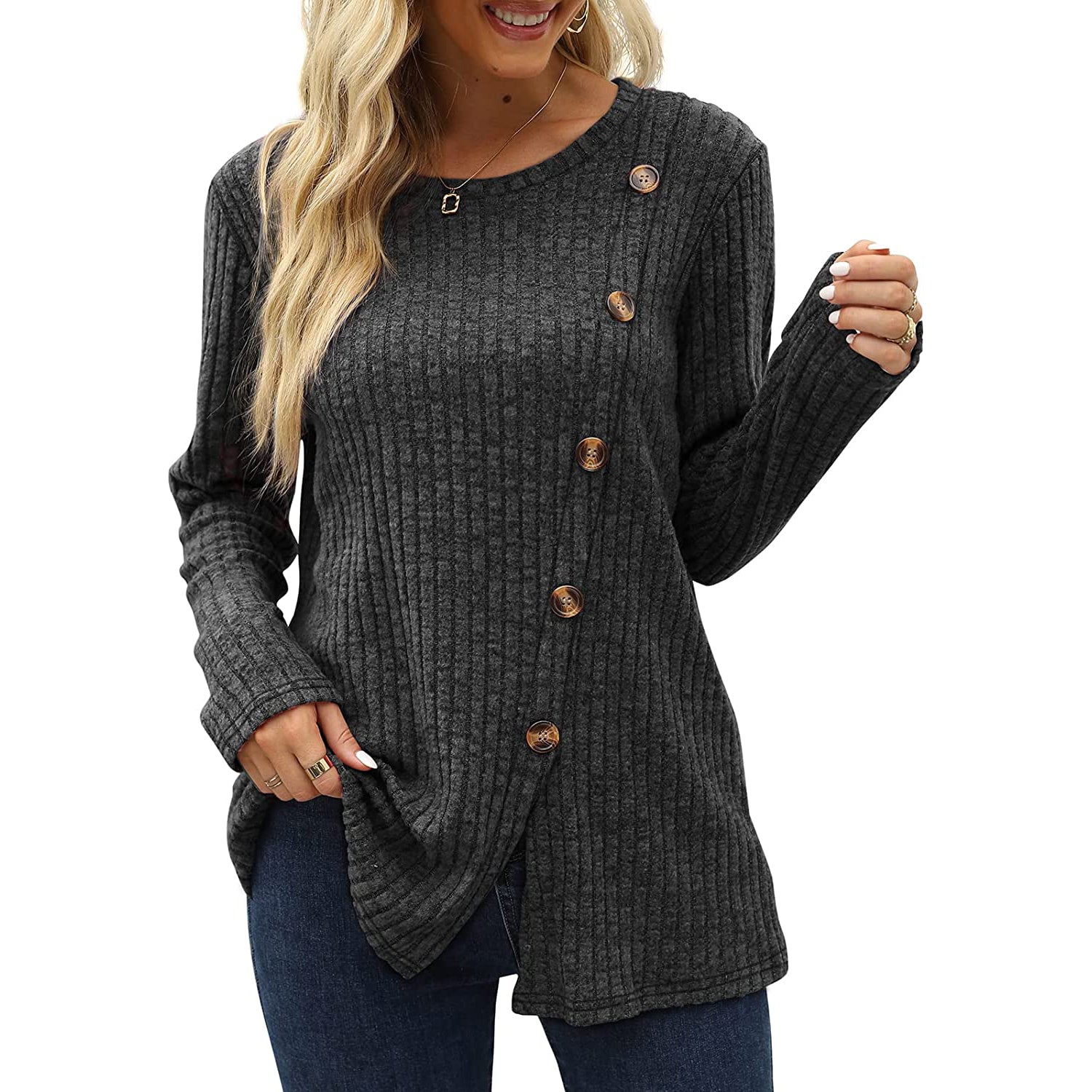 Women's Long Sleeve Crew Neck Tunic Tops Buttons Side Outlet Amazon