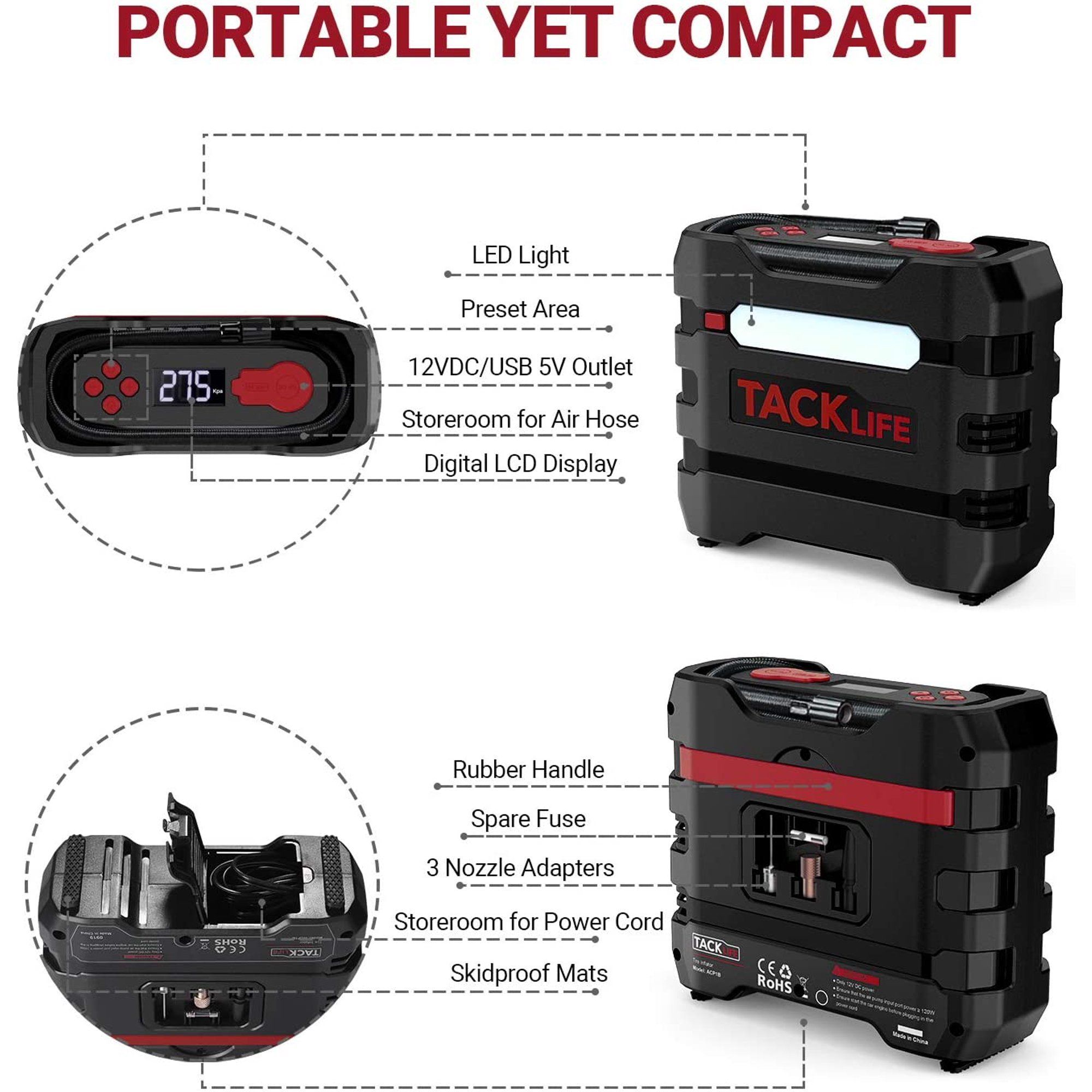 TACKLIFE Car Tire Inflator 12V DC Portable Air Compressor with 3 LED Lights New Styles For Sale