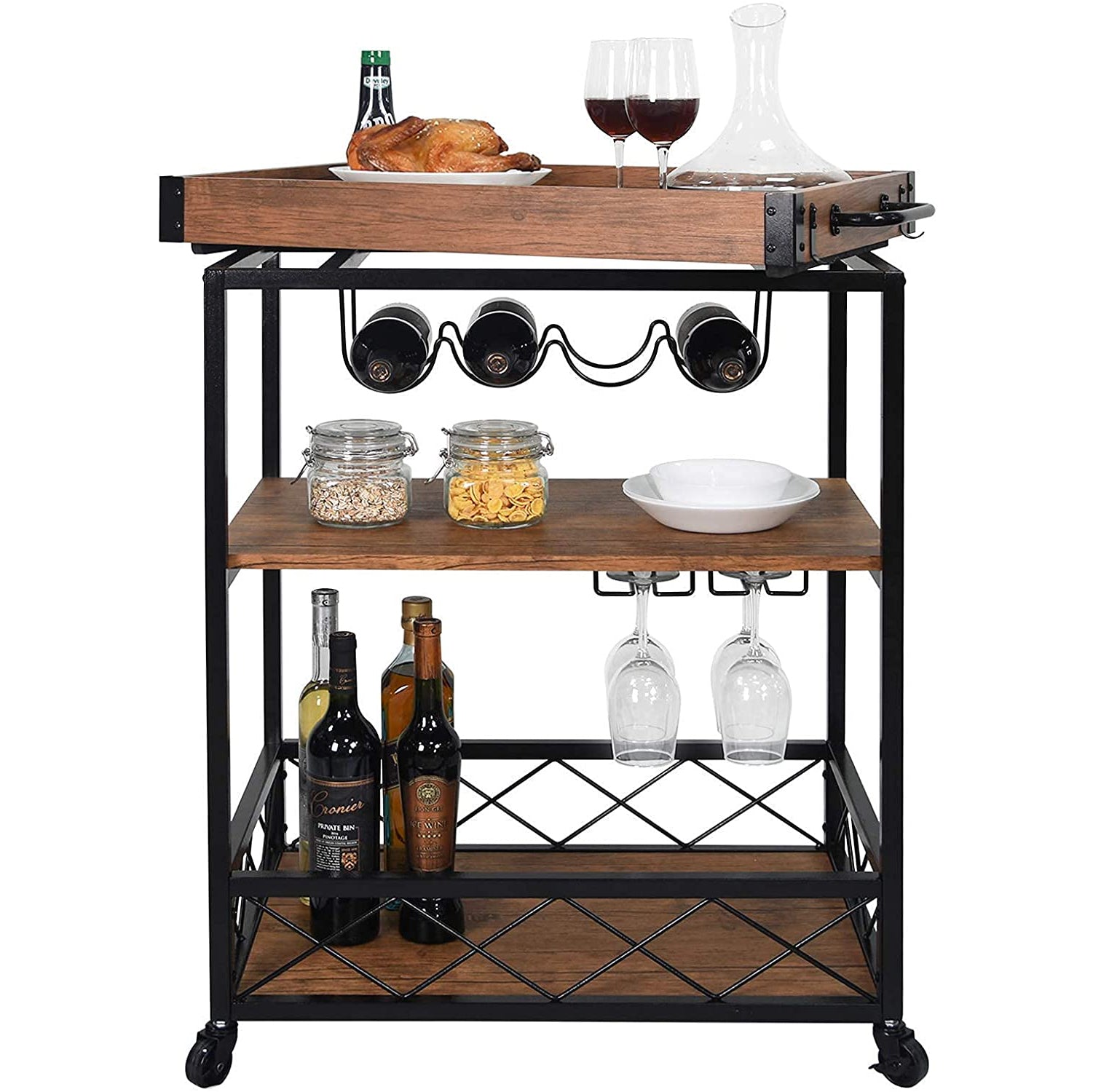 Usinso Industrial Rolling Bar Cart with 3 Tier Storage Shelves Clearance Get Authentic