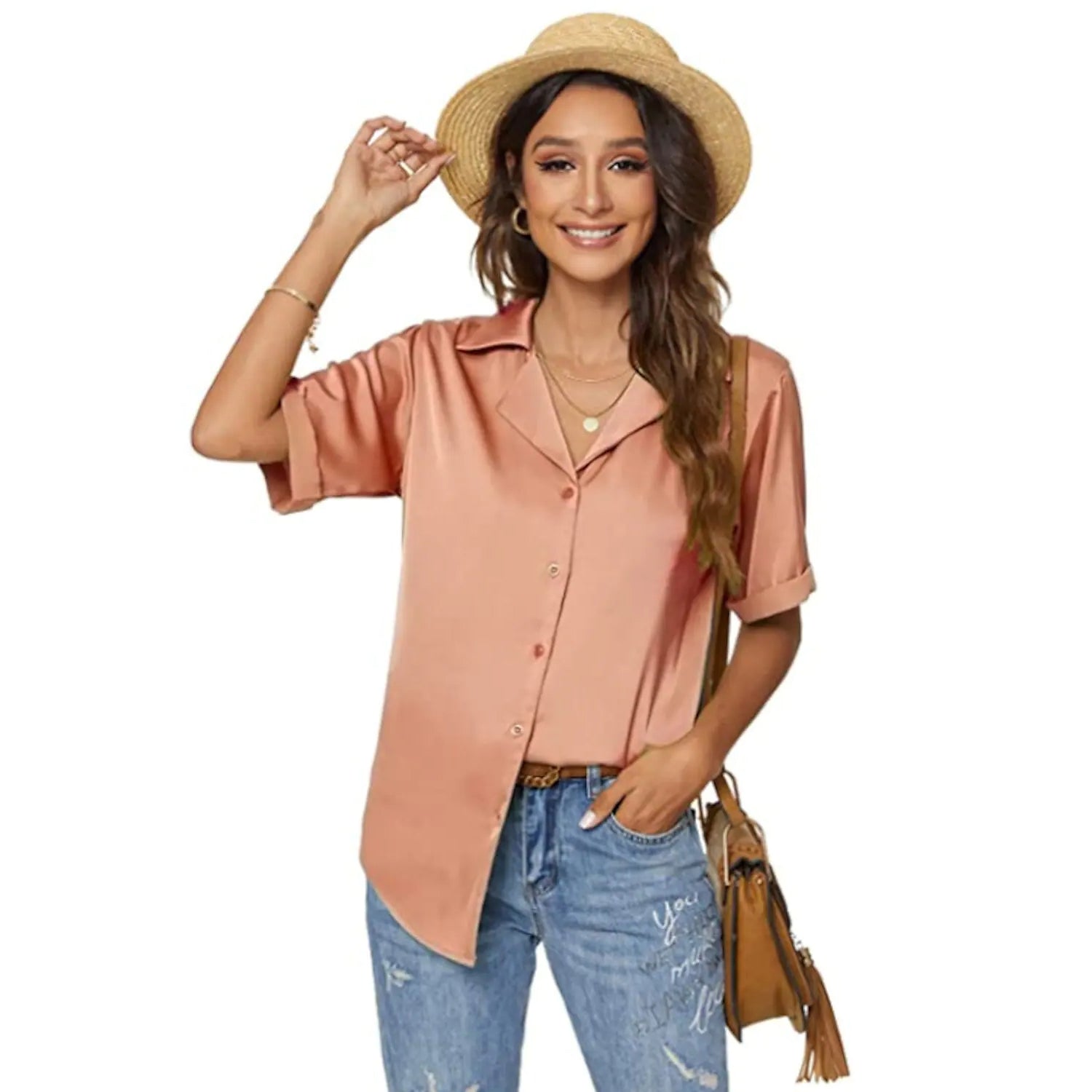 Women's Short Sleeve Casual Satin Button Down Shirt Sale Online Shop