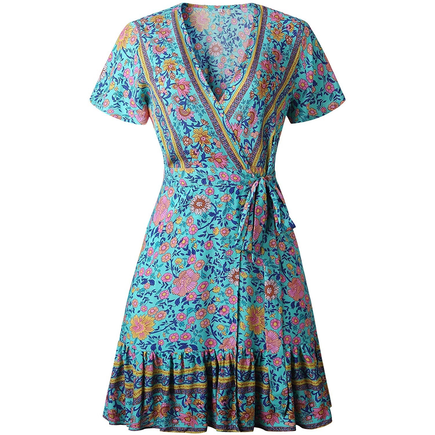 Women's Summer Wrap V Neck Bohemian Floral Print Mini Dress Cheap Geniue Stockist