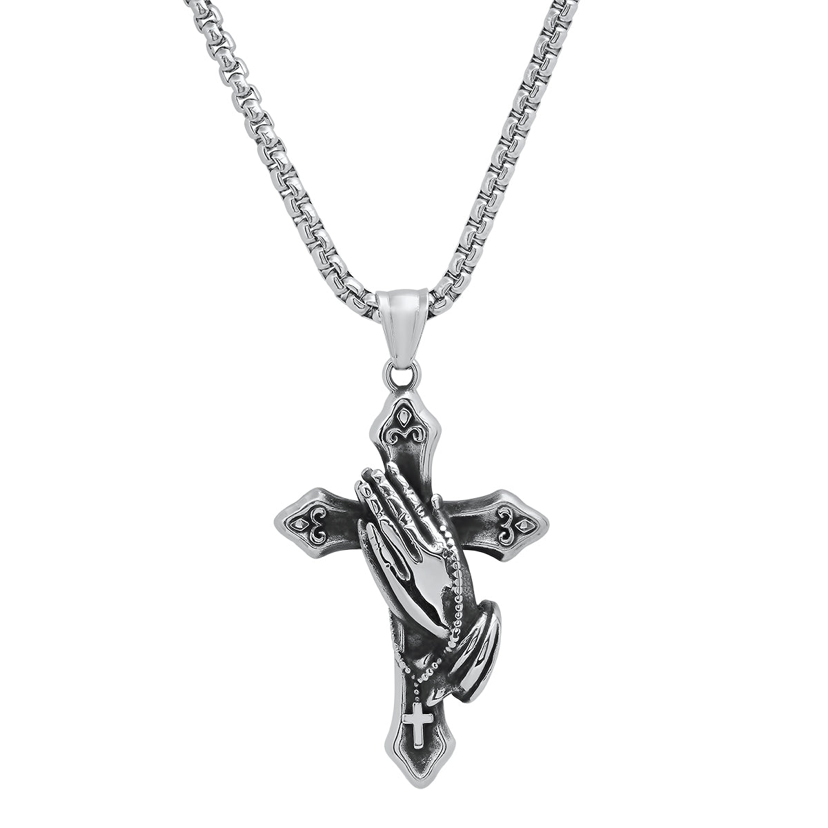 Men's Stainless Steel Oxidized Prayer Hand and Cross Pendant Clearance Reliable