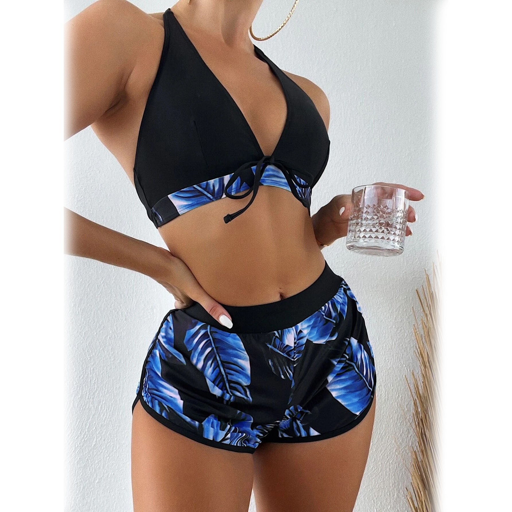 Tropical Print Halter Bikini Swimsuit with Swim Short Best Place For Sale