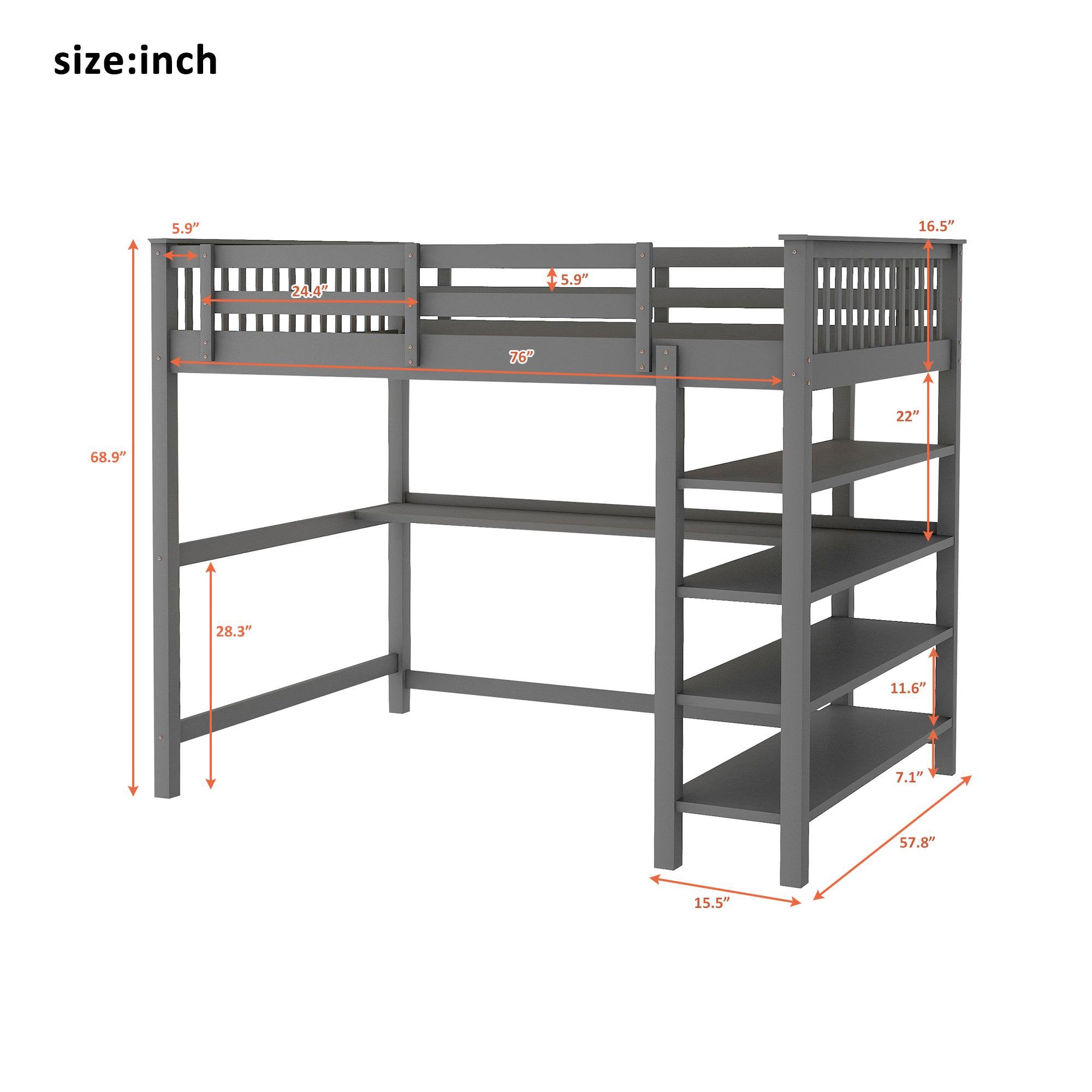 Full Size Loft Bed with Under-bed Desk and Storage Shelves Sale Good Selling