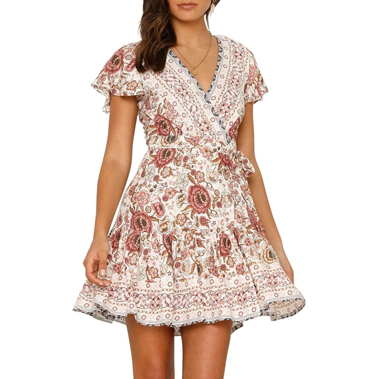 Women's Summer Wrap V Neck Bohemian Floral Print Mini Dress Cheap Geniue Stockist