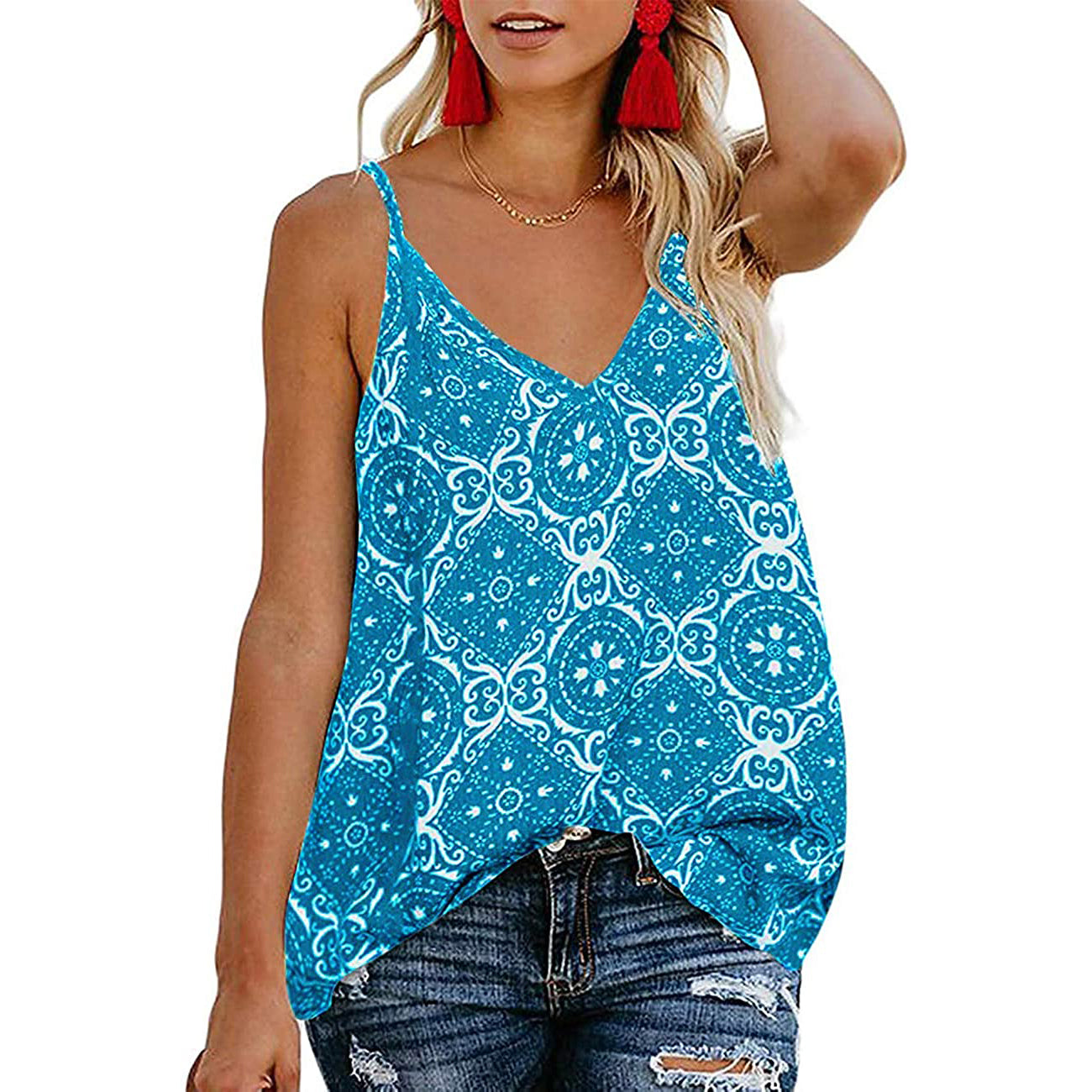 Women's Boho Floral V Neck Spaghetti Straps Tank Top Summer Sleeveless Shirts Blouse 2025 New For Sale