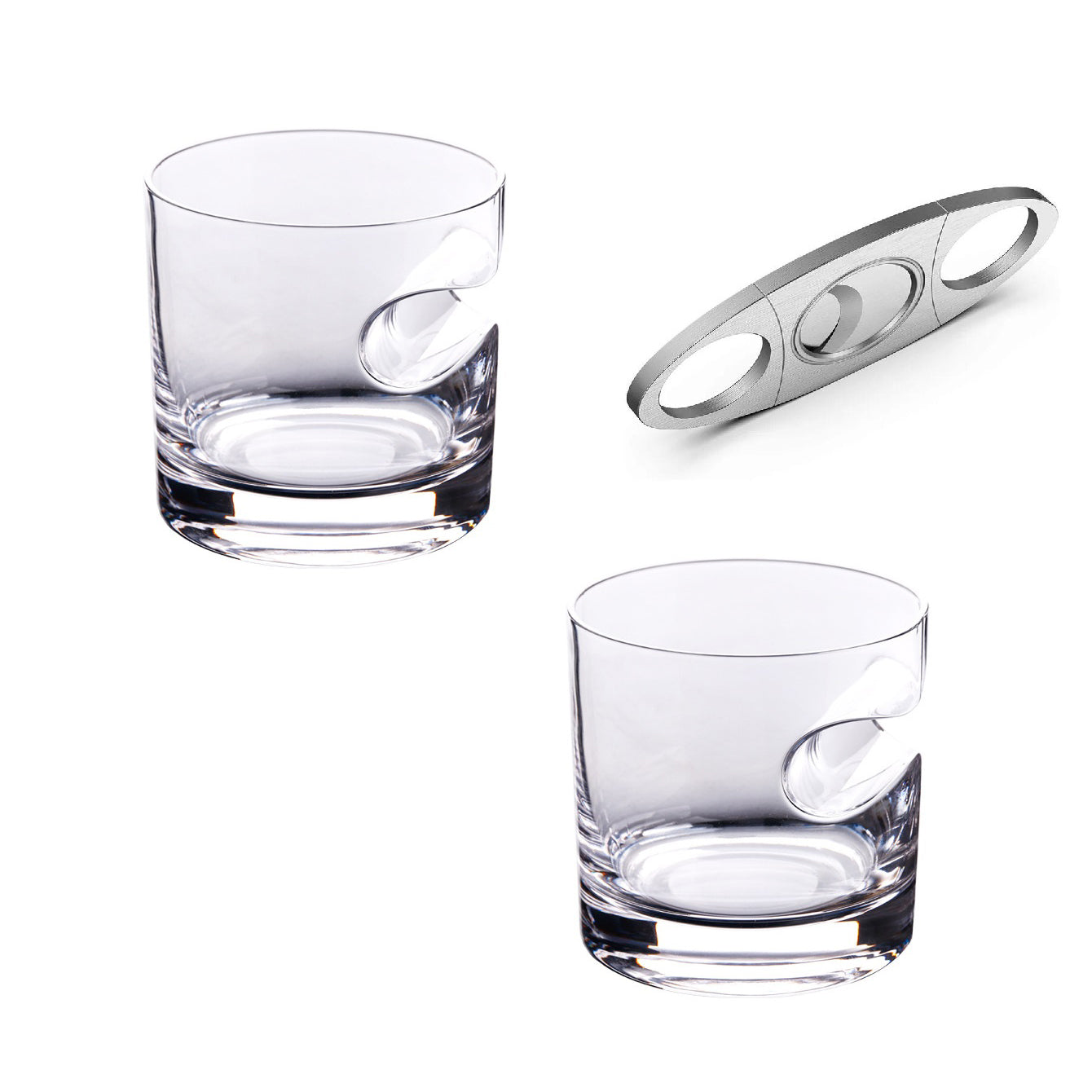 3-Piece Set: Cigar-Holding Whiskey Glasses with Cigar Cutter Cheap Perfect