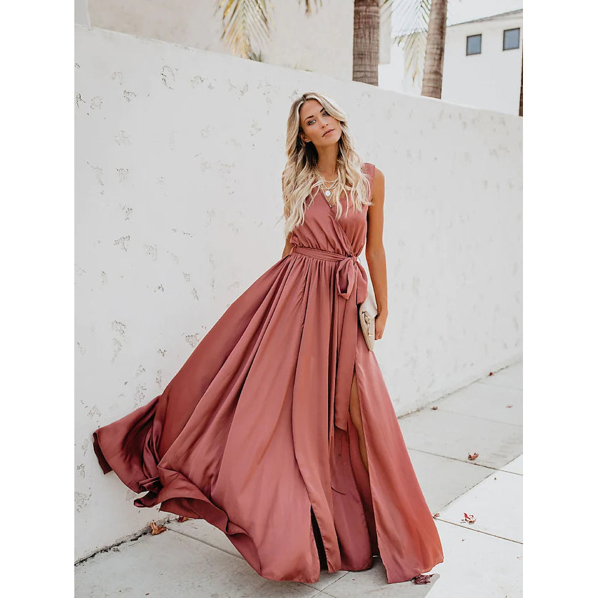 Women's Solid Color Slit Tie Maxi Dress Sale Good Selling