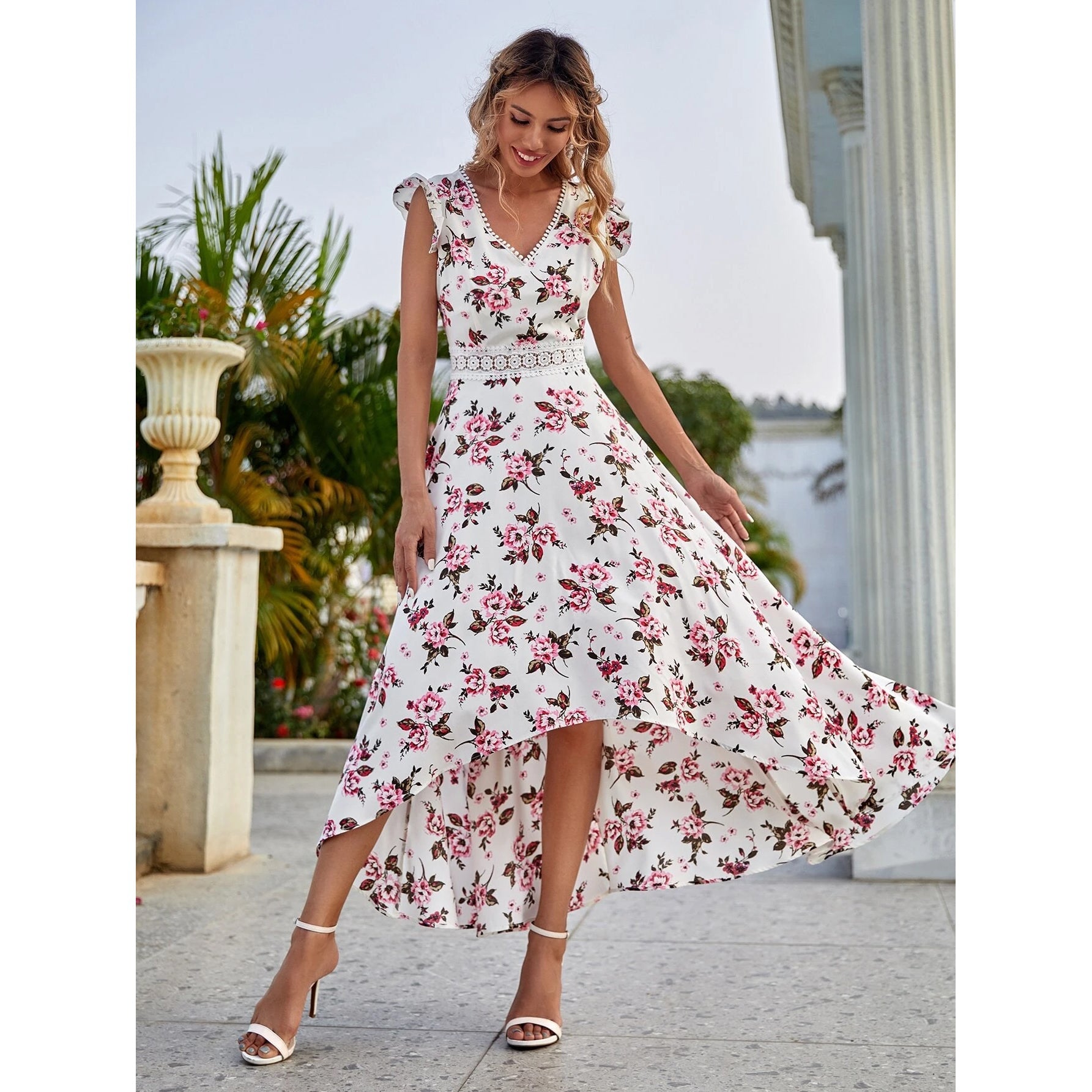 Women's Full Body Floral Print High Low Hem A-Line Dress Cheap Explore