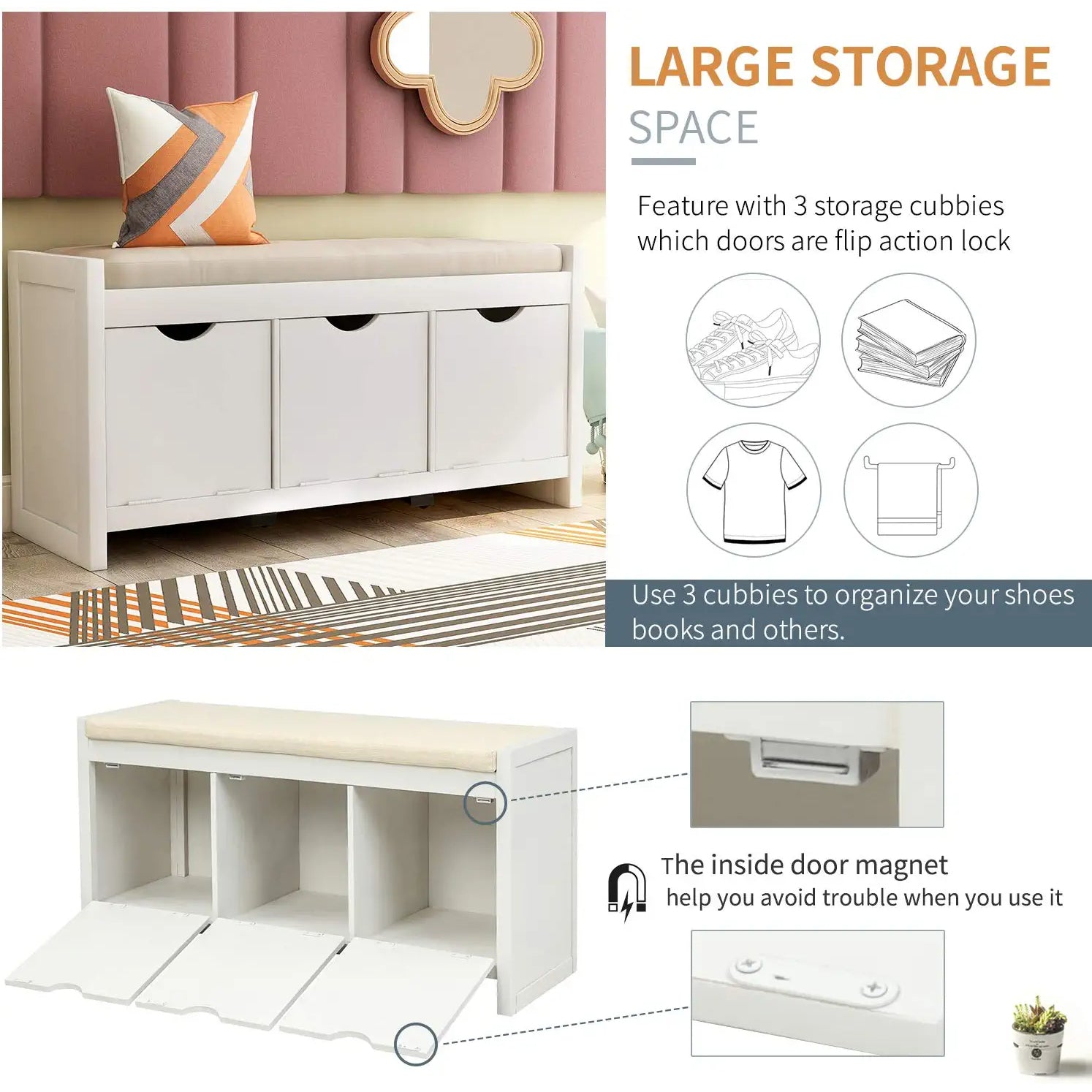 Storage Bench with Removable Cushion and 3 Flip Lock Storage Cubbies For Sale Official Site