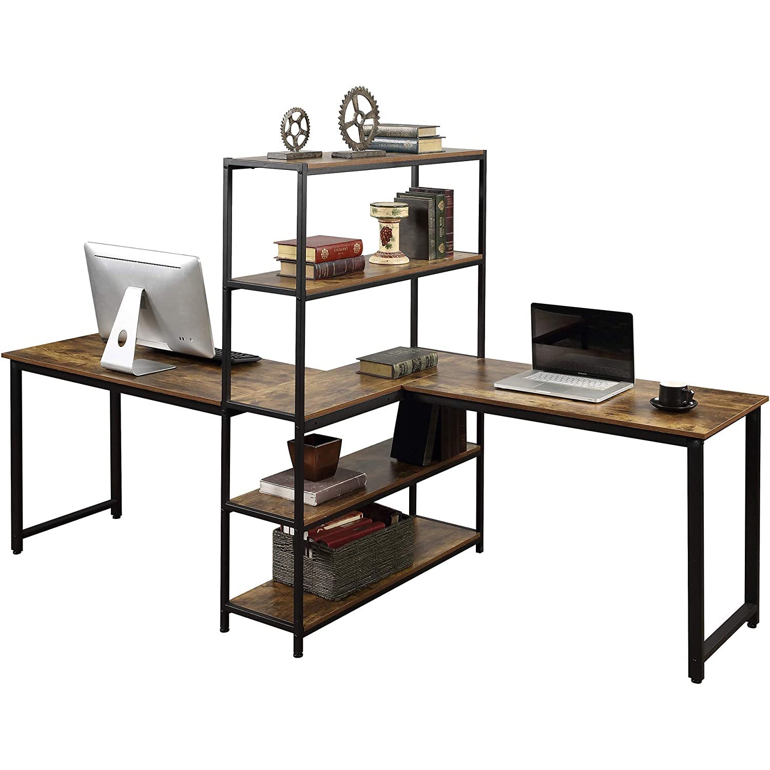 Two Person Computer Desk with Bookshelf Wood and Metal Free Shipping Sast