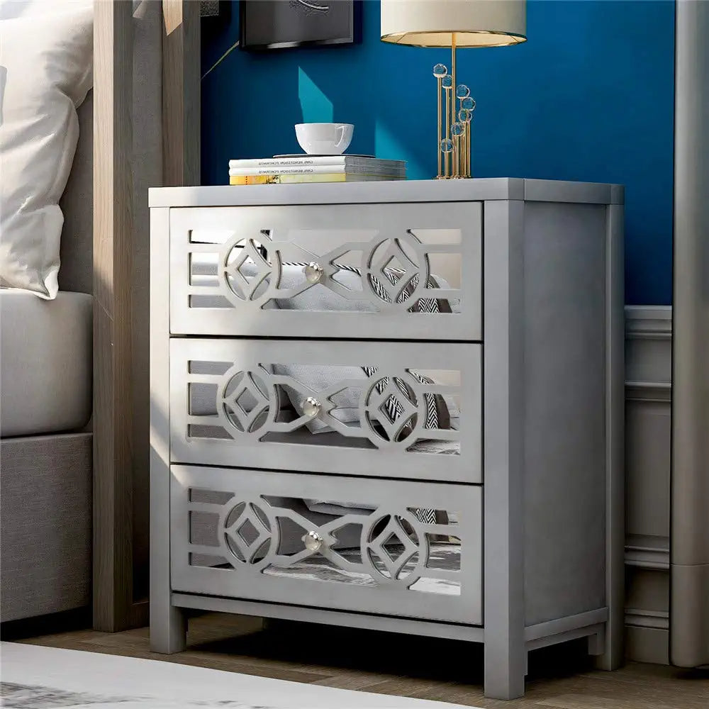 Mirrored Carved Pattern Modern Gold Finish Bedroom Nightstand Sale With Mastercard