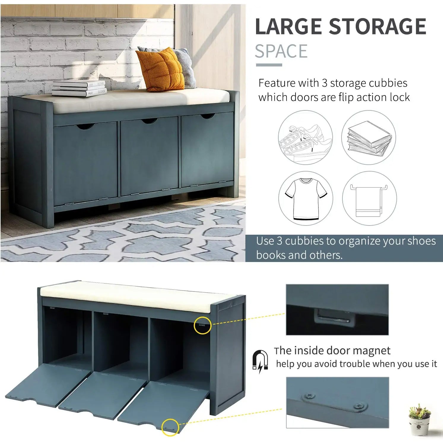 Storage Bench with Removable Cushion and 3 Flip Lock Storage Cubbies For Sale Official Site