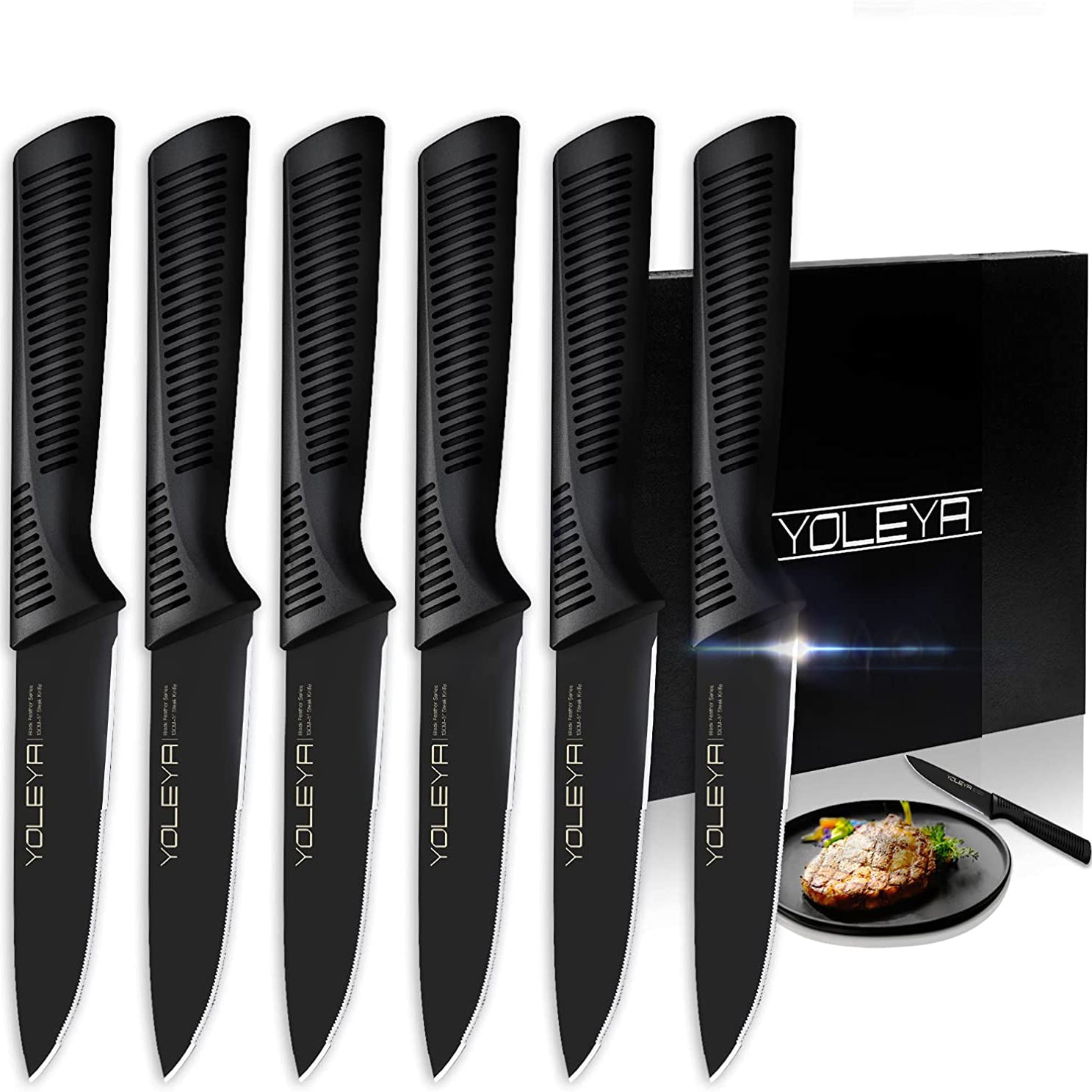 6-Pieces Set: YOLEYA High Carbon German Stainless Steel Black Serrated Steak Knife Set Inexpensive