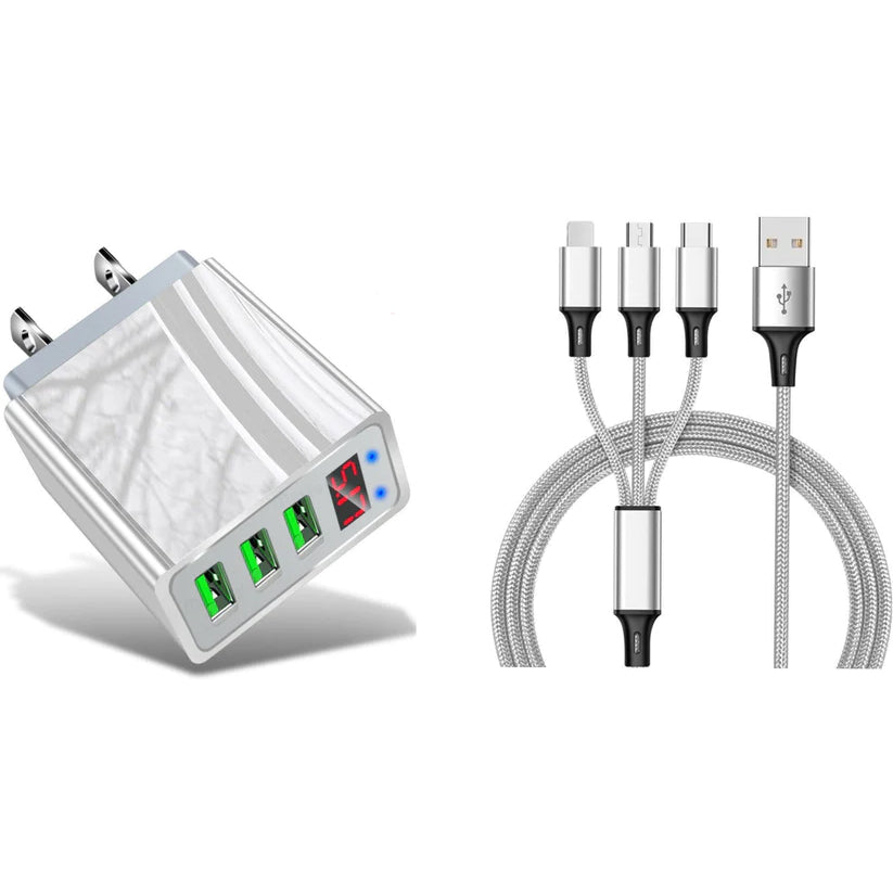 2-Piece Set: 3-Port LED Display High Speed Wall Charger White + 3-in-1 Cable Combo Cheap Sale Buy