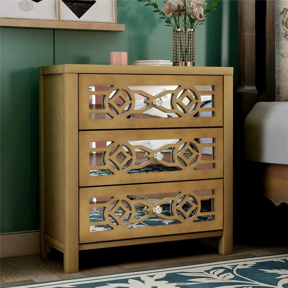 Mirrored Carved Pattern Modern Gold Finish Bedroom Nightstand Sale With Mastercard